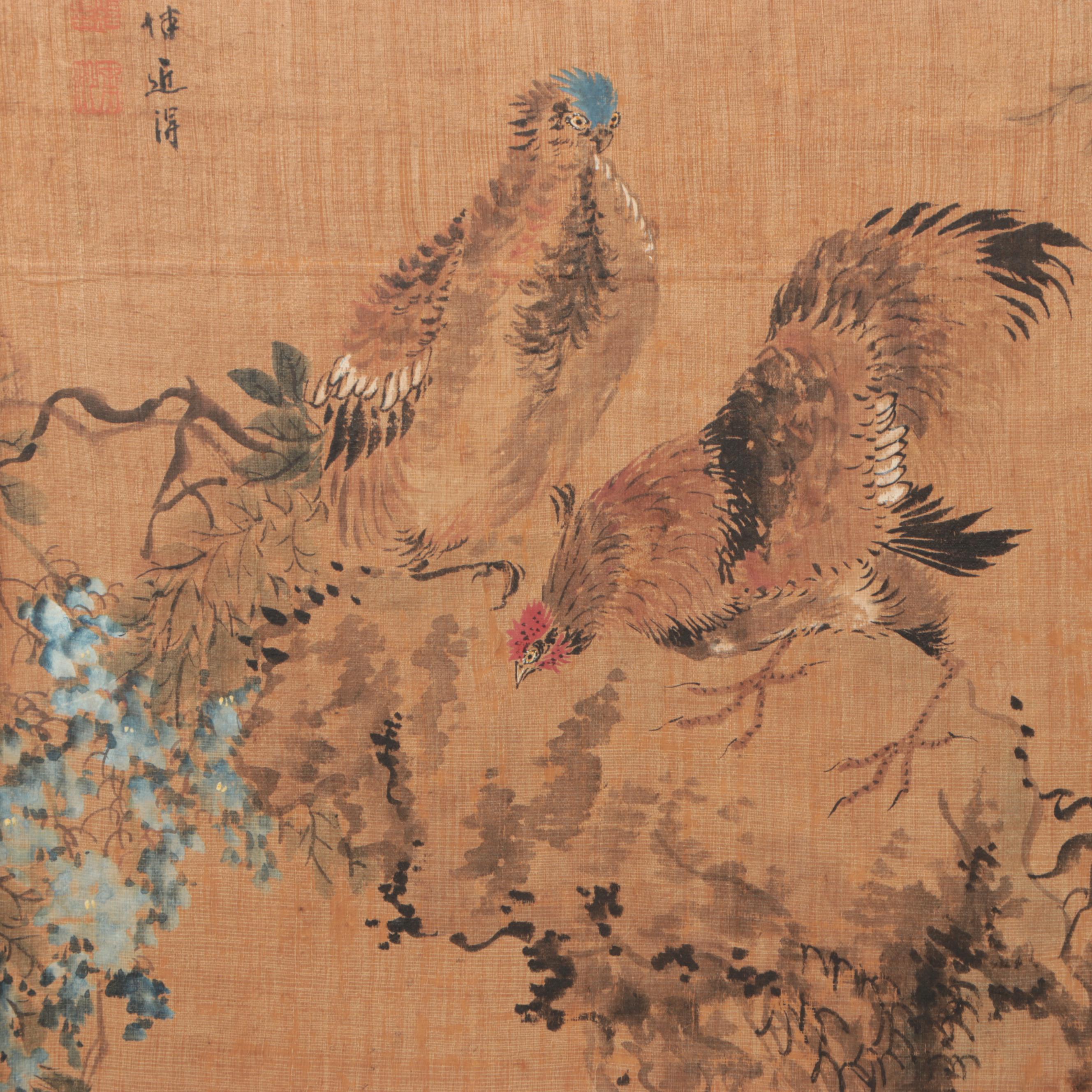 Antique Chinese Qing Dynasty Huaniaohua Painting on Silk