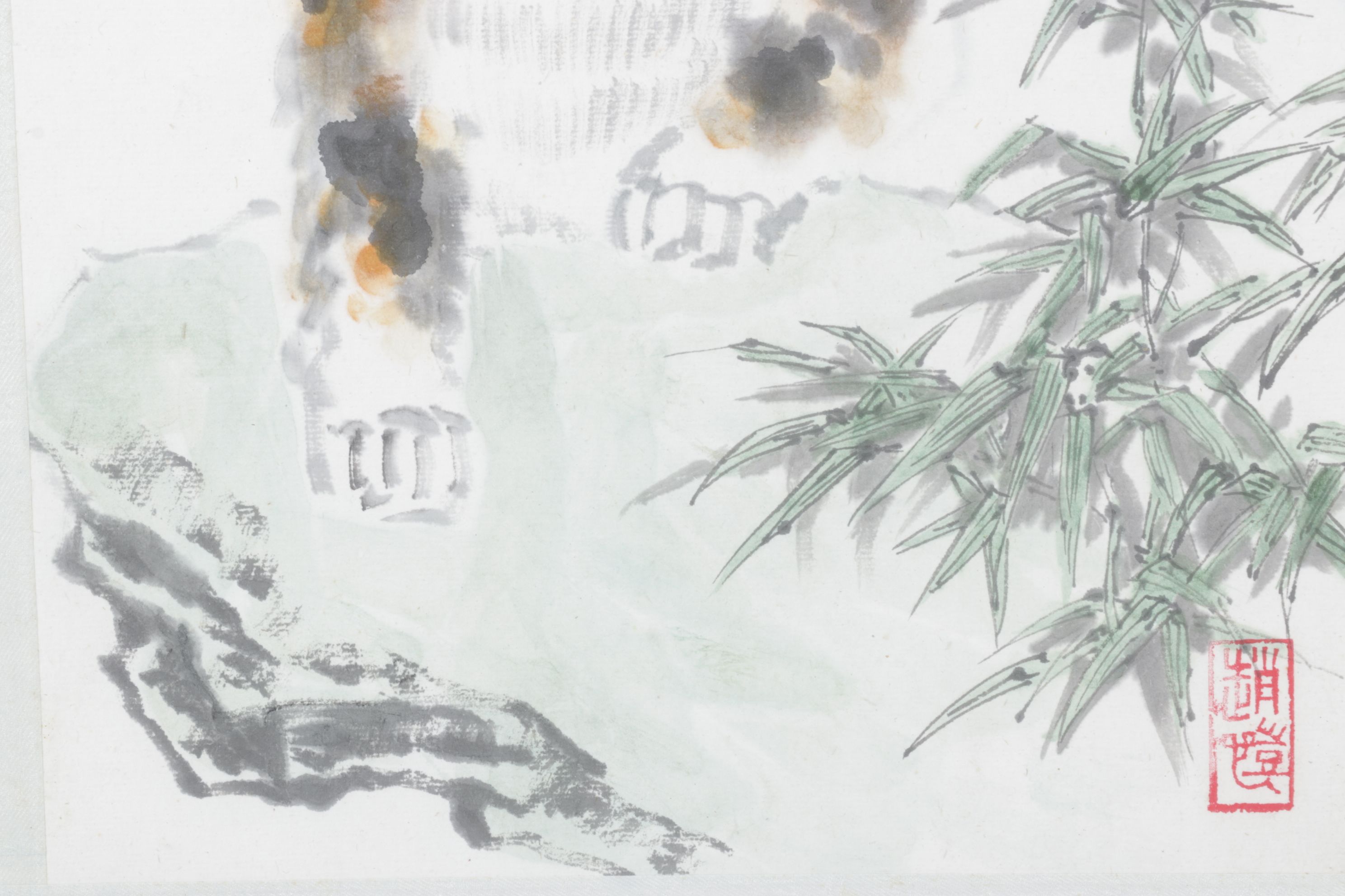 Chinese Watercolor Painting of a Tabby Cat and Bamboo, Mid to Late 20th Century