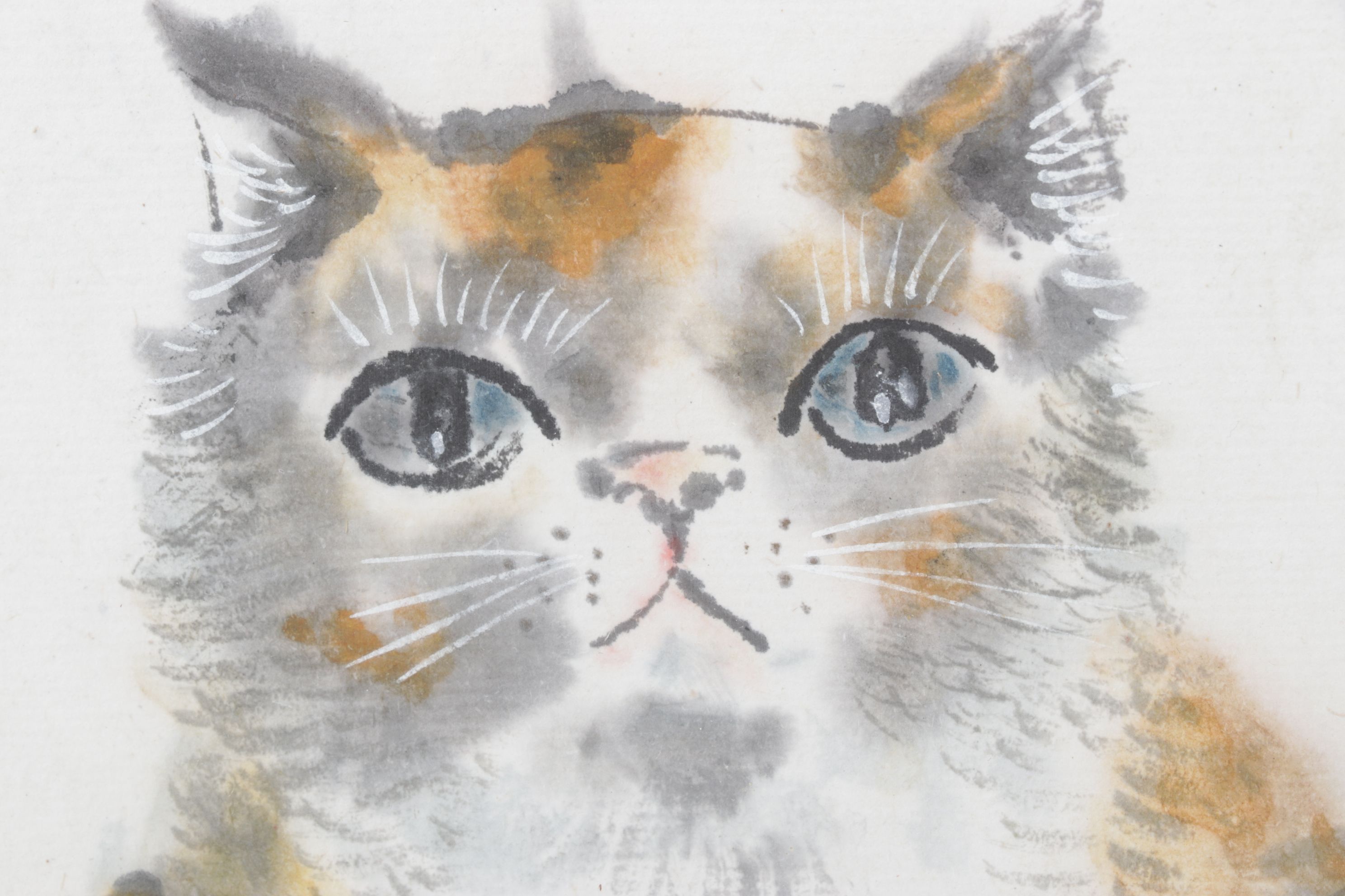 Chinese Watercolor Painting of a Tabby Cat and Bamboo, Mid to Late 20th Century