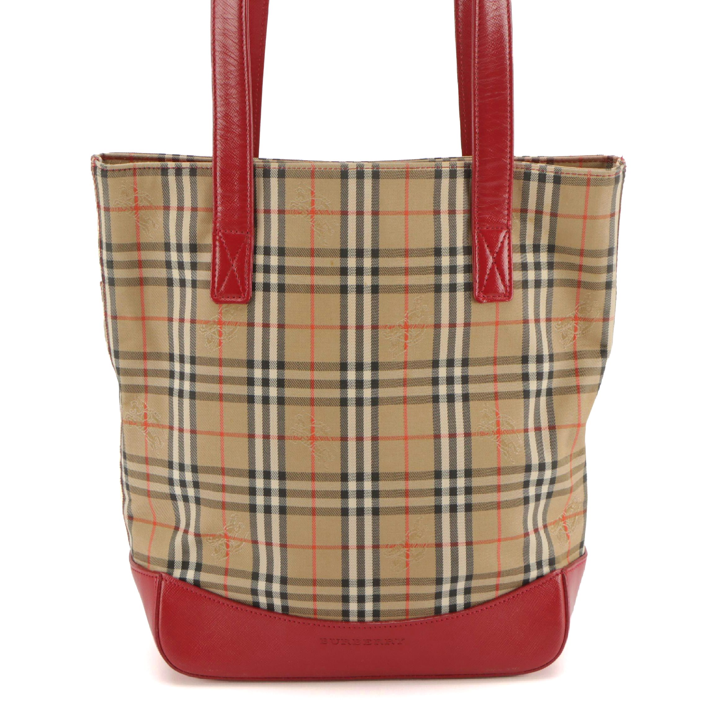 Burberry Shoulder Bag in Haymarket Check Canvas and Red Saffiano Leather Trim