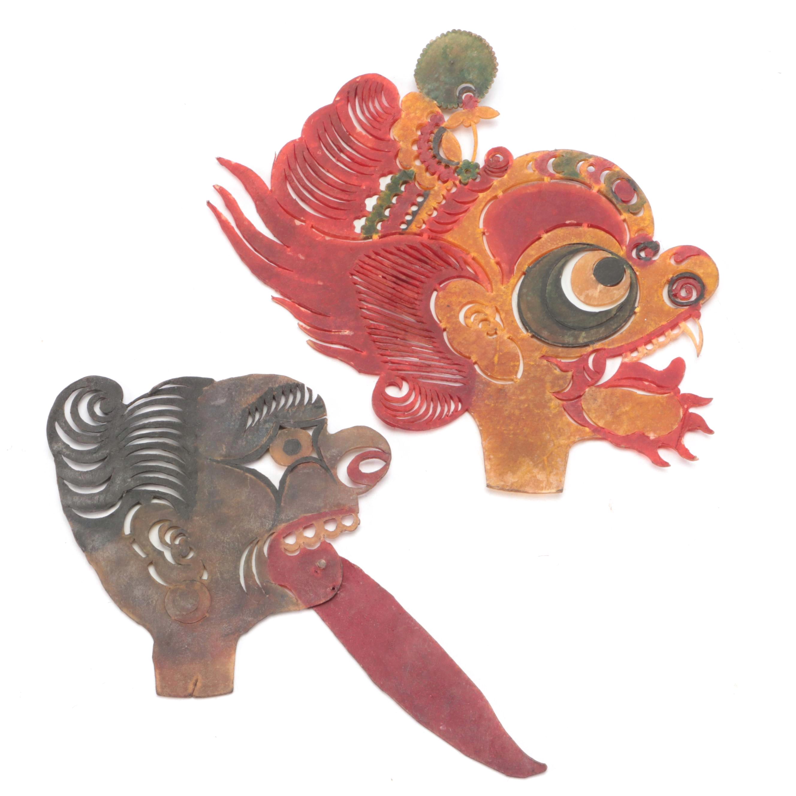Chinese Demon and Ghoul Painted Vellum Shadow Puppet Heads, Circa 1870