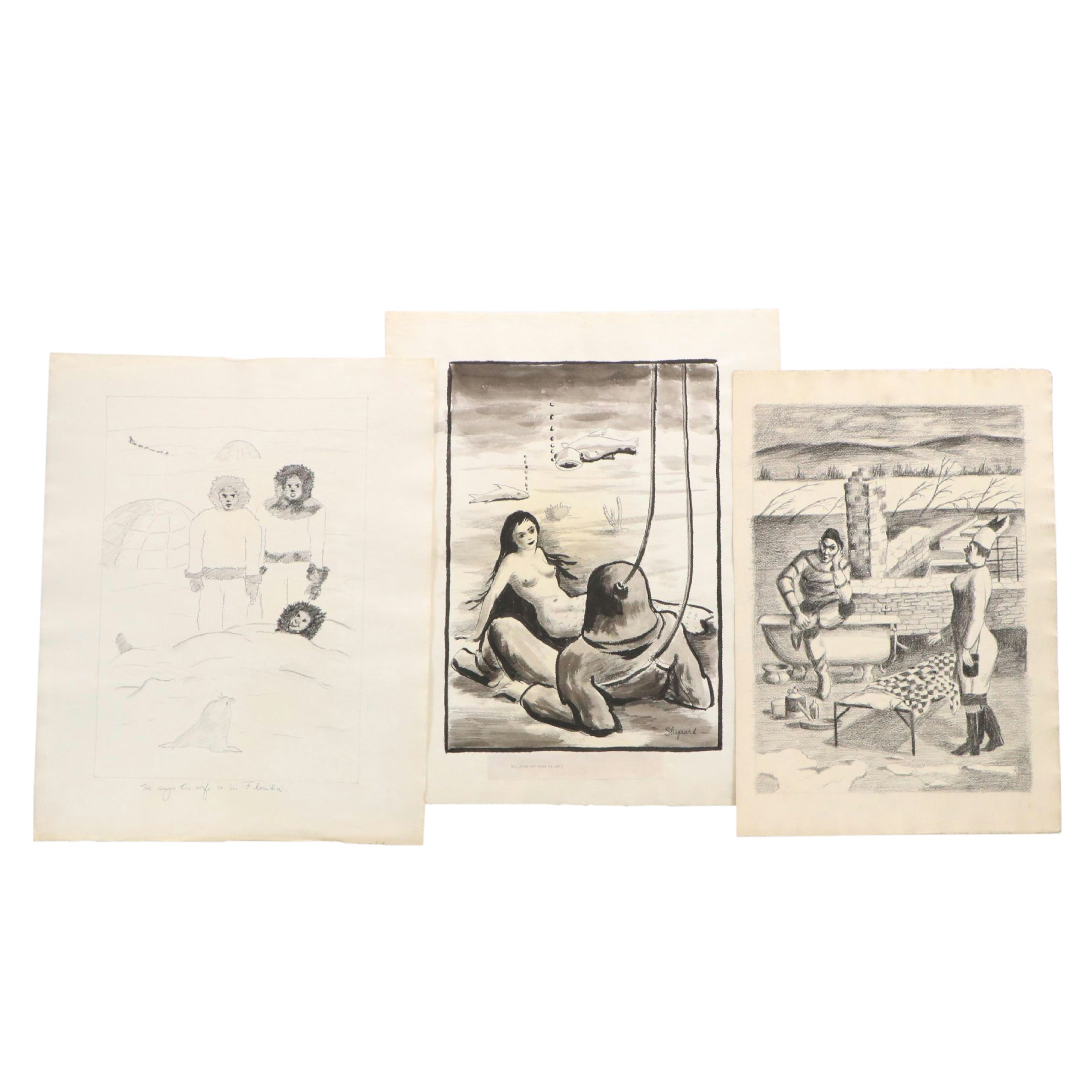 Set of Three Humorous Figurative Drawings, 20th Century