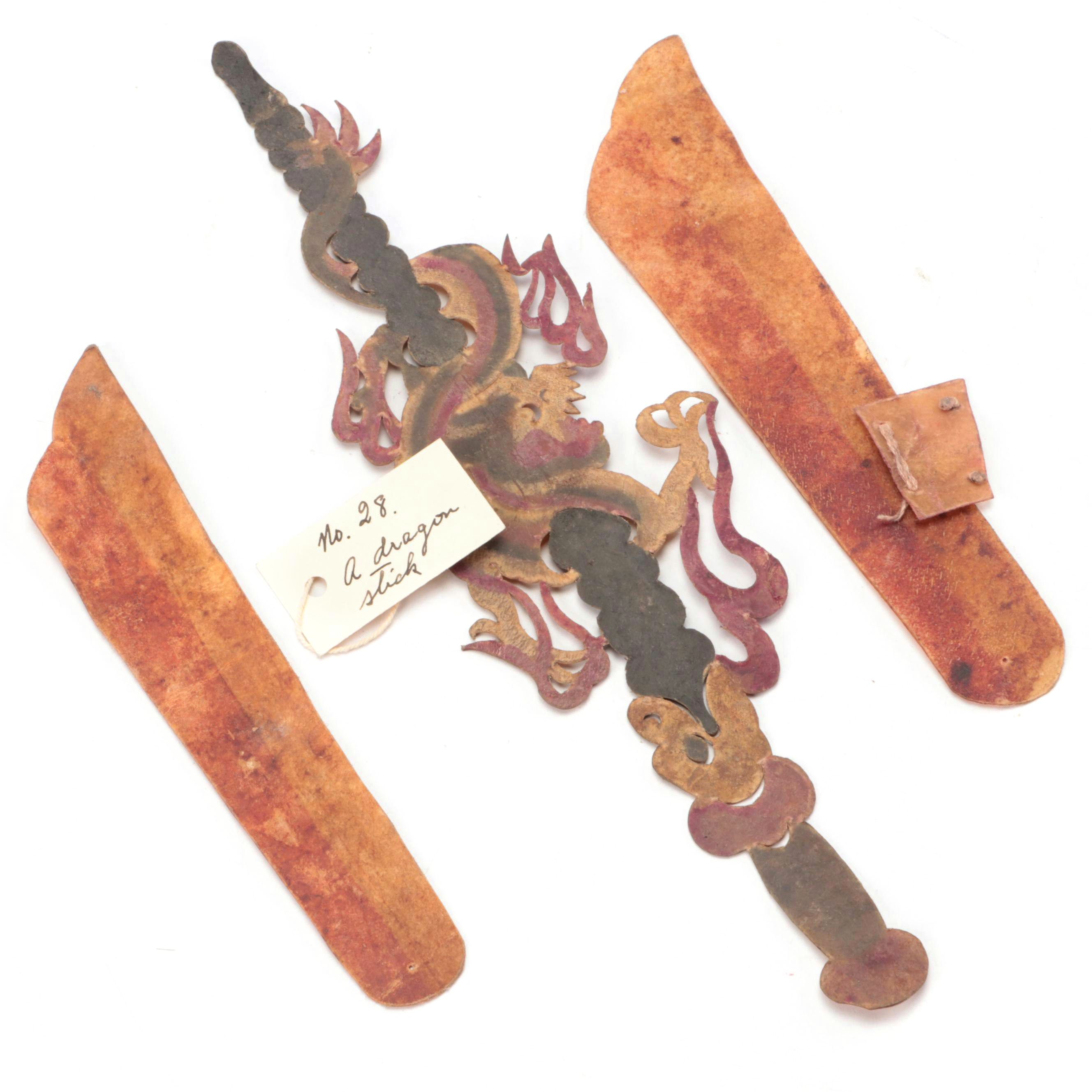 Chinese Dragon Staff with Blades Vellum Shadow Puppet Accessories, Circa 1870