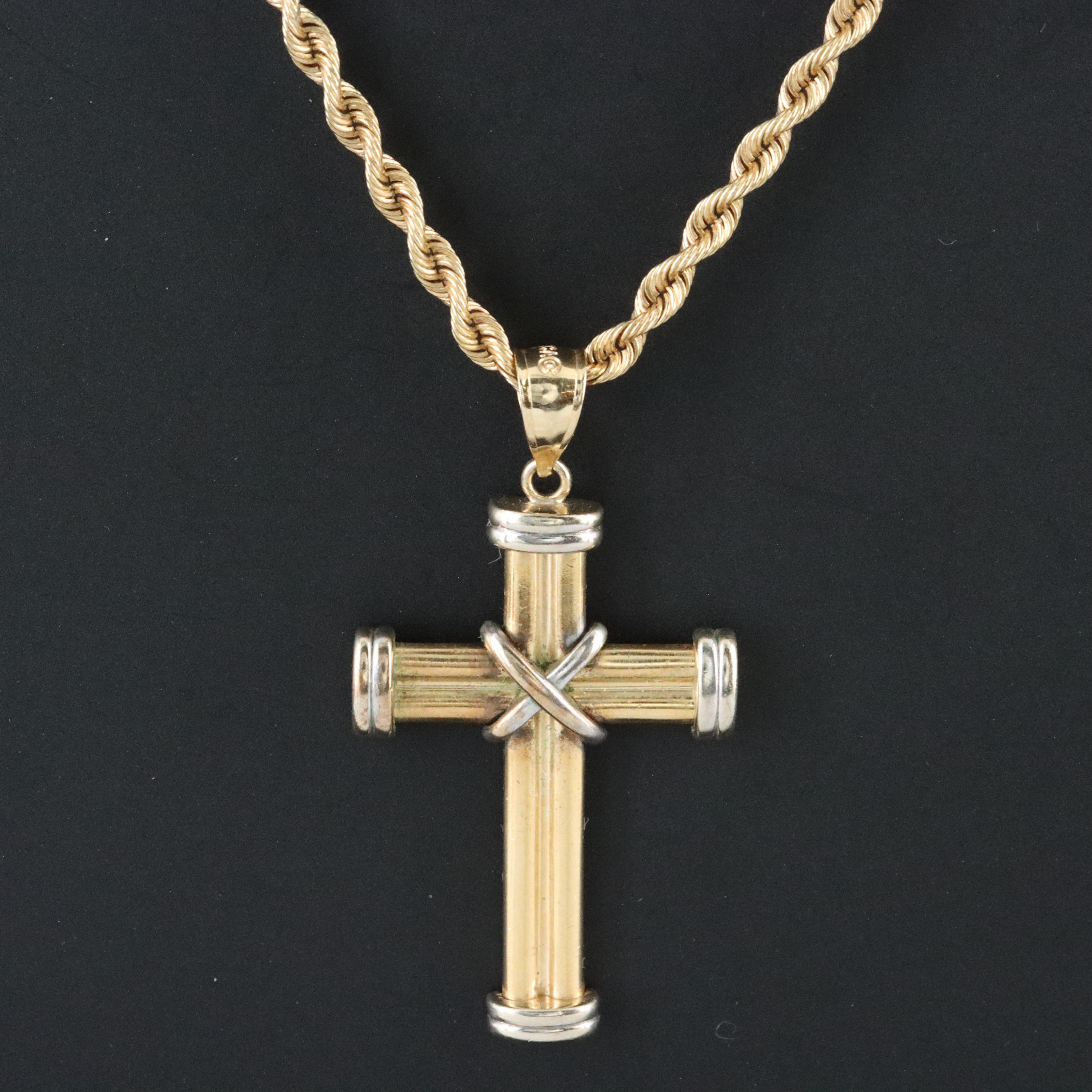 14K Two Tone Gold Cross Pendant Necklace