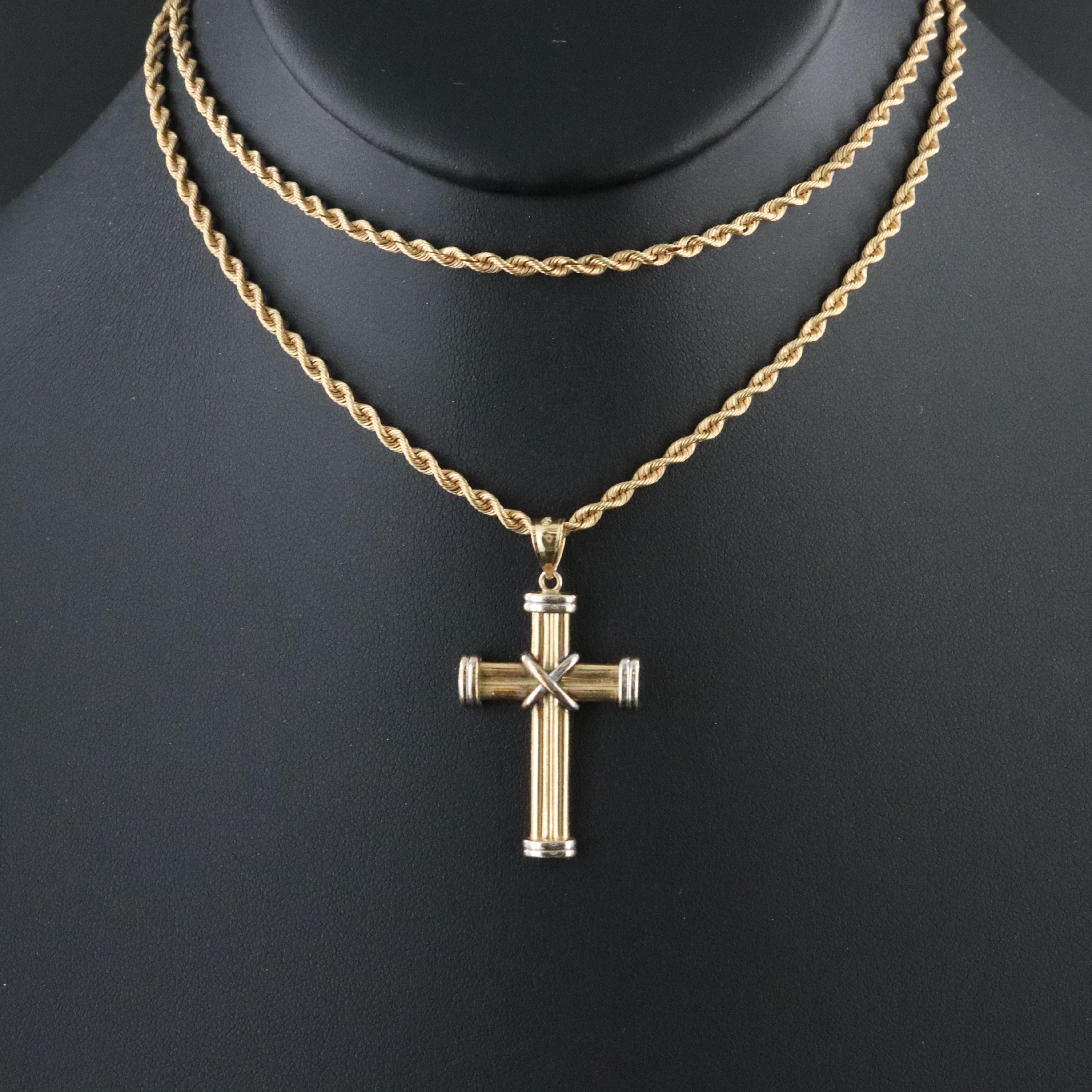 14K Two Tone Gold Cross Pendant Necklace