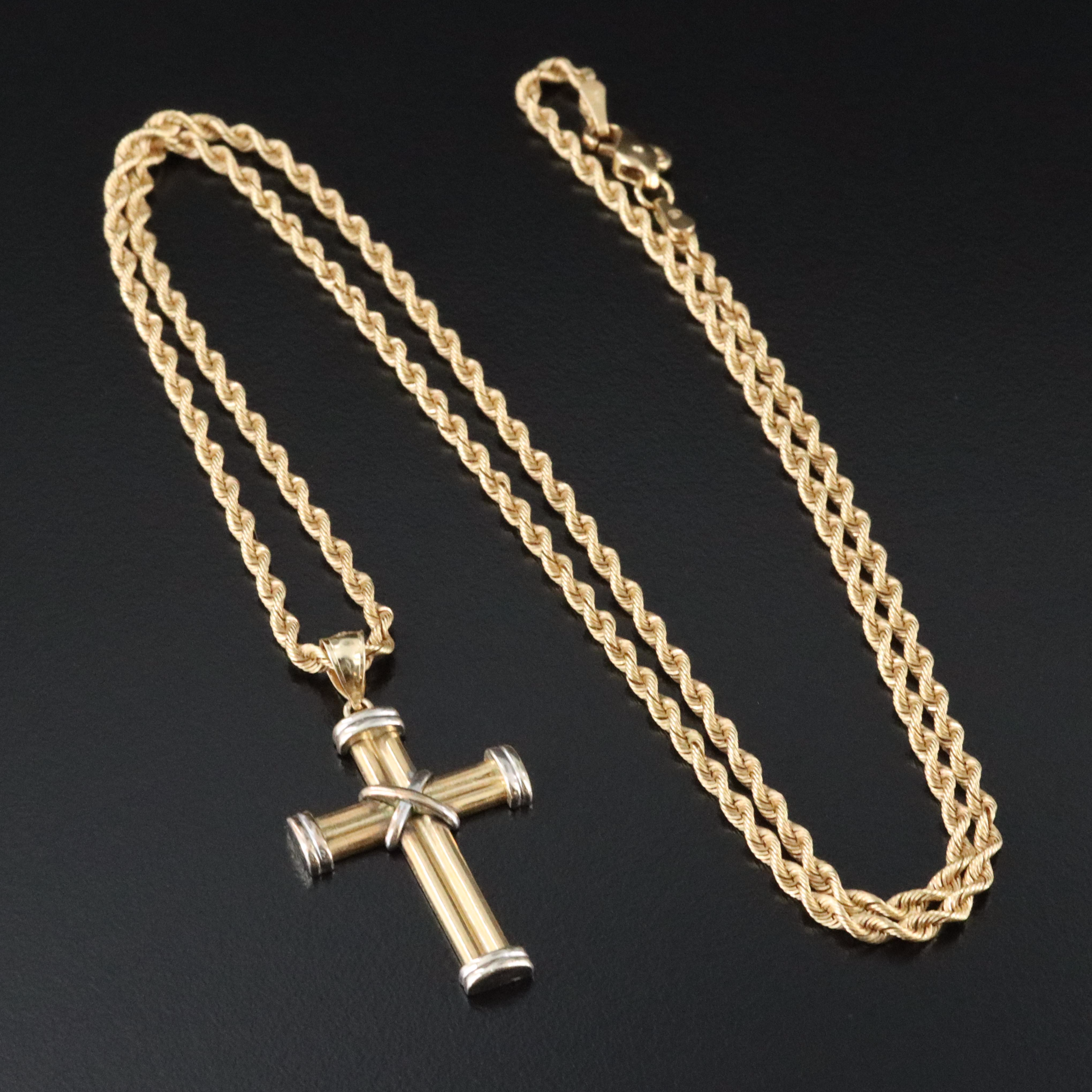14K Two Tone Gold Cross Pendant Necklace