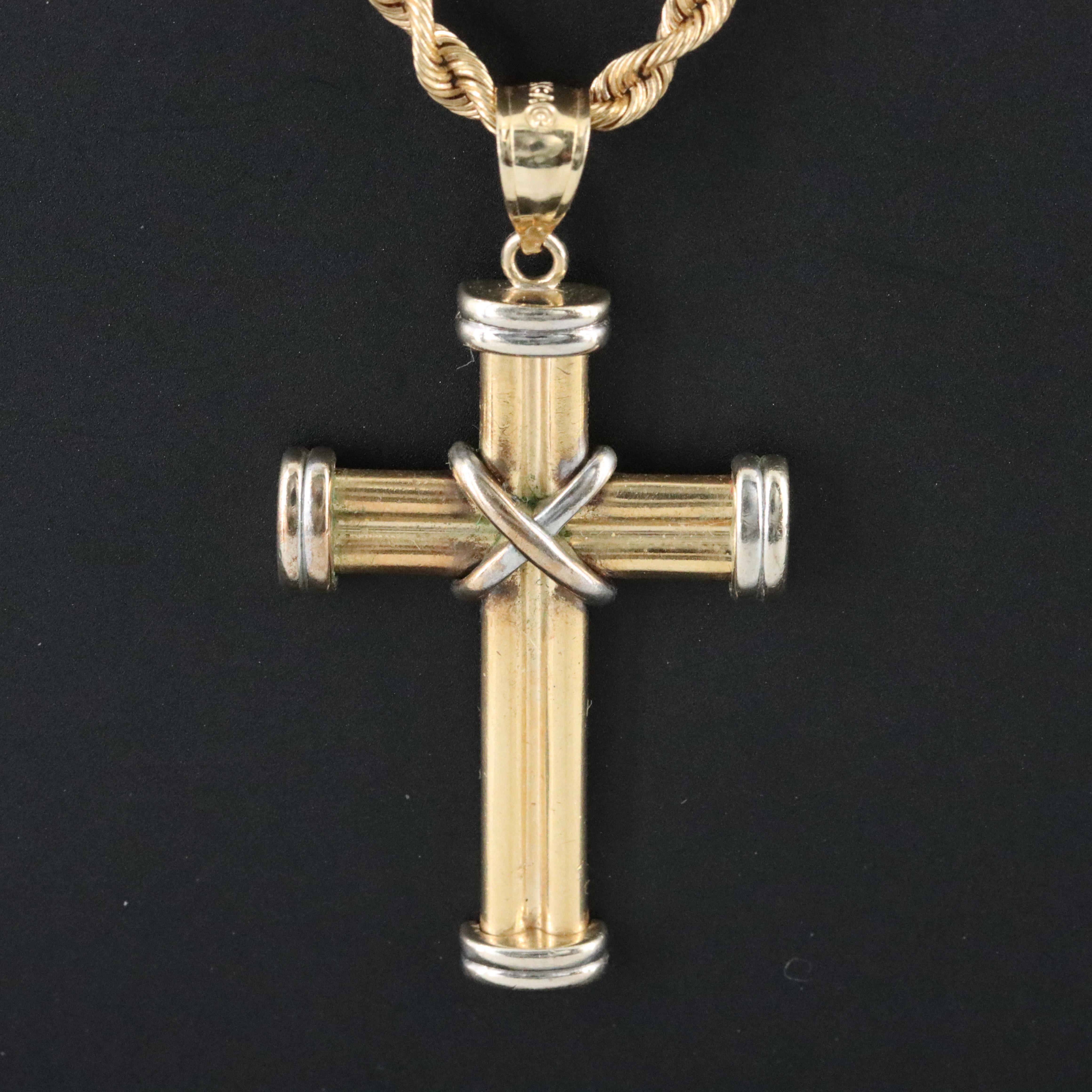 14K Two Tone Gold Cross Pendant Necklace