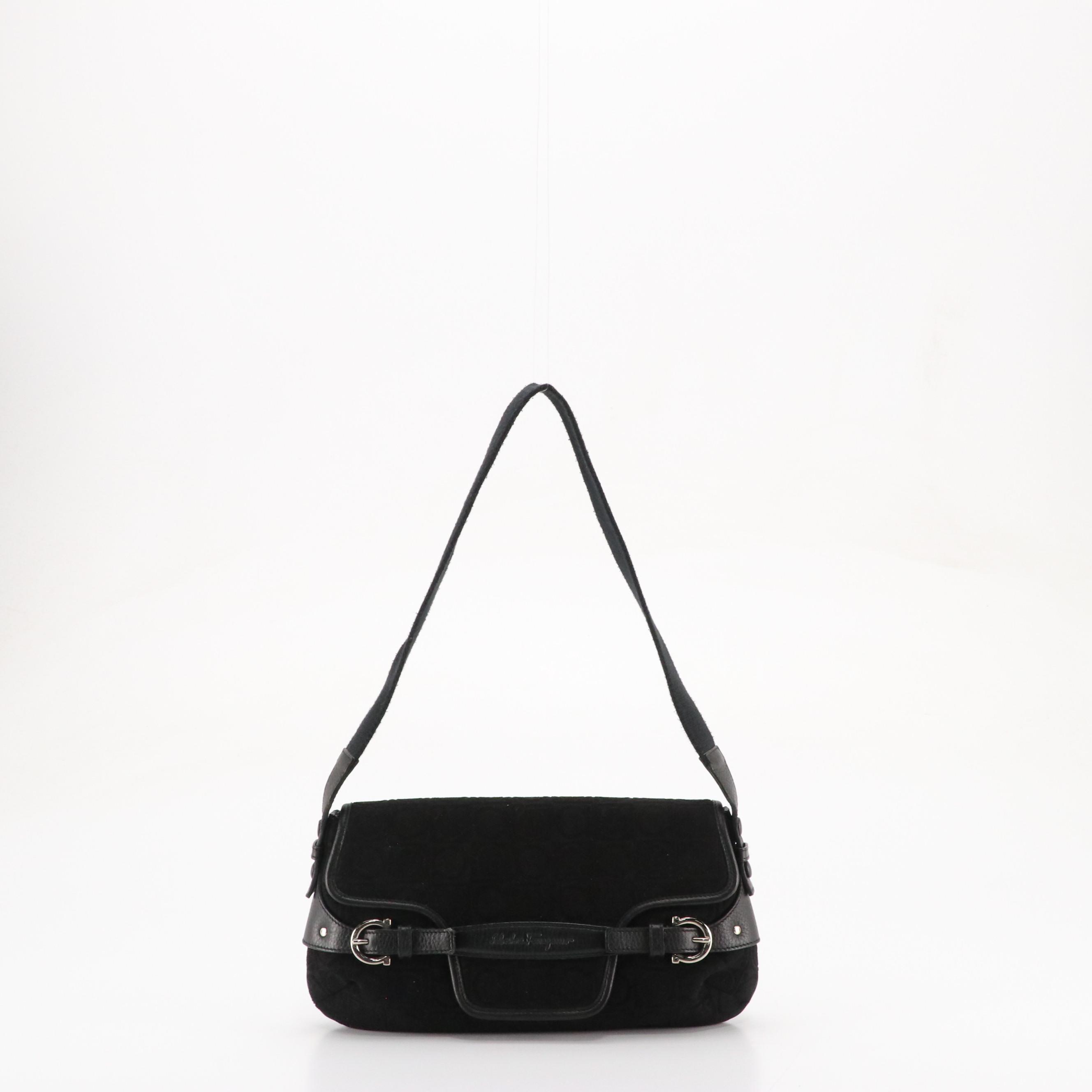 Salvatore Ferragamo Black Gancini Cloth Shoulder Bag with Leather Trim