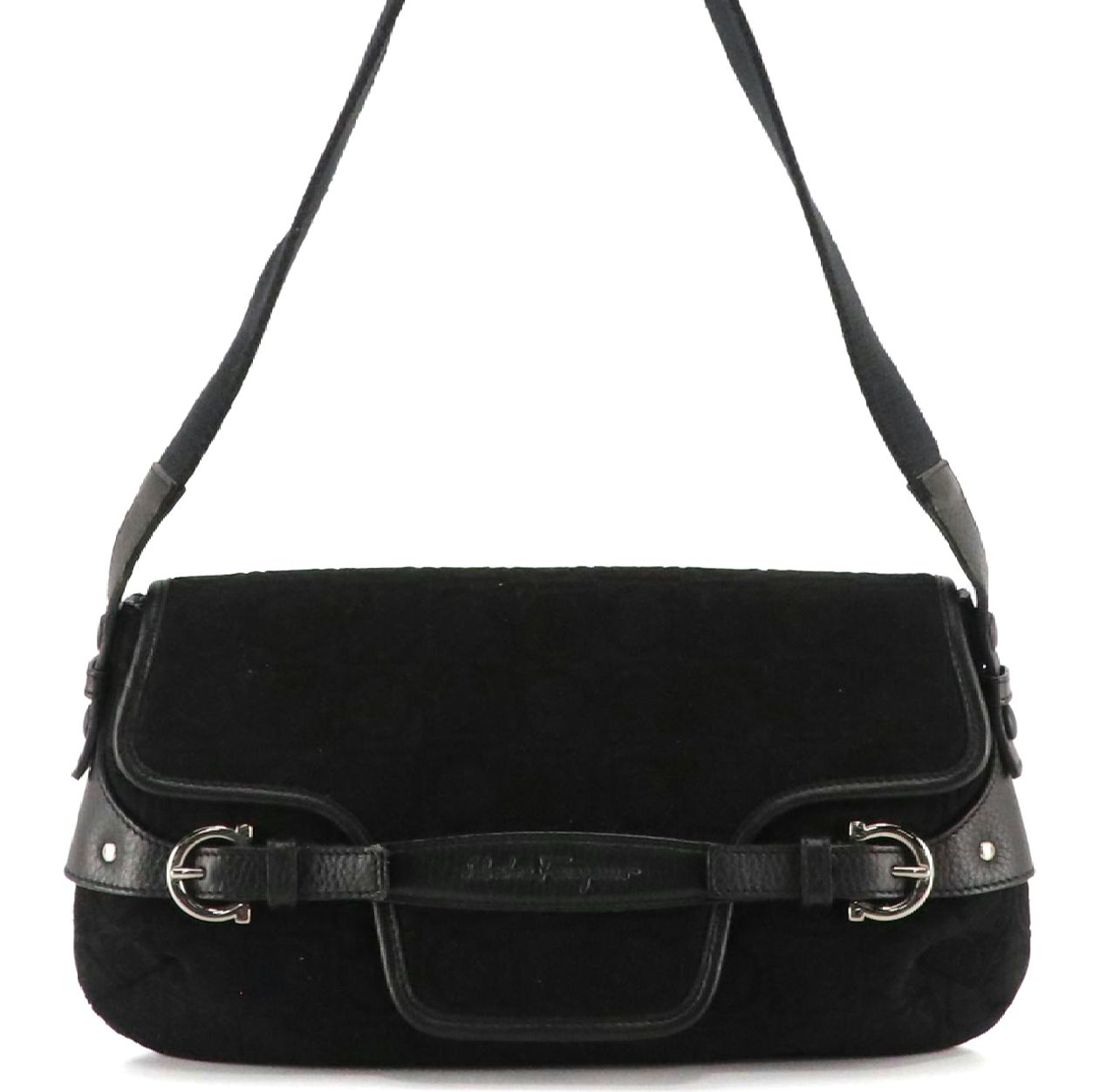 Salvatore Ferragamo Black Gancini Cloth Shoulder Bag with Leather Trim