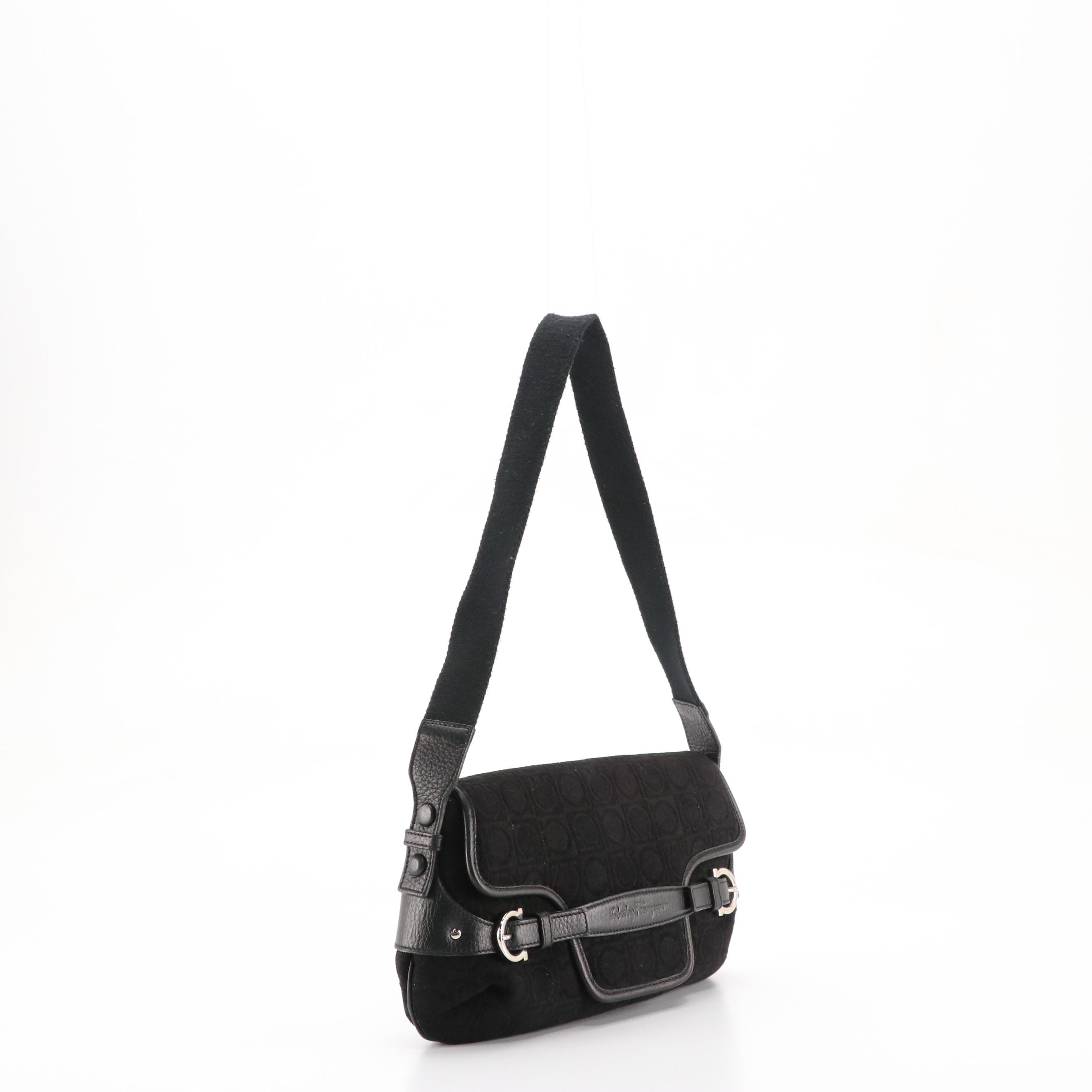 Salvatore Ferragamo Black Gancini Cloth Shoulder Bag with Leather Trim