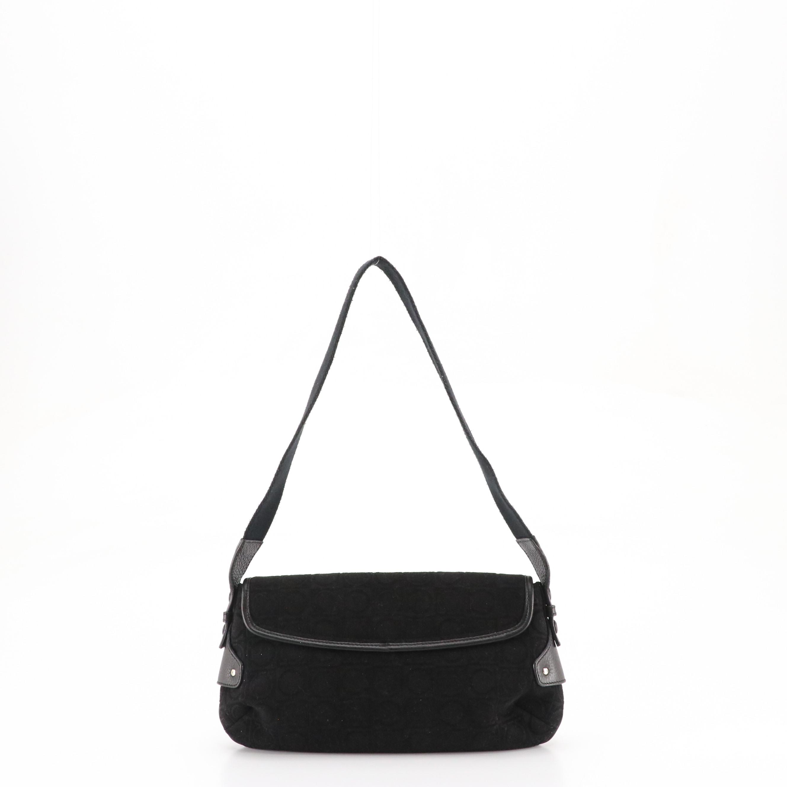 Salvatore Ferragamo Black Gancini Cloth Shoulder Bag with Leather Trim