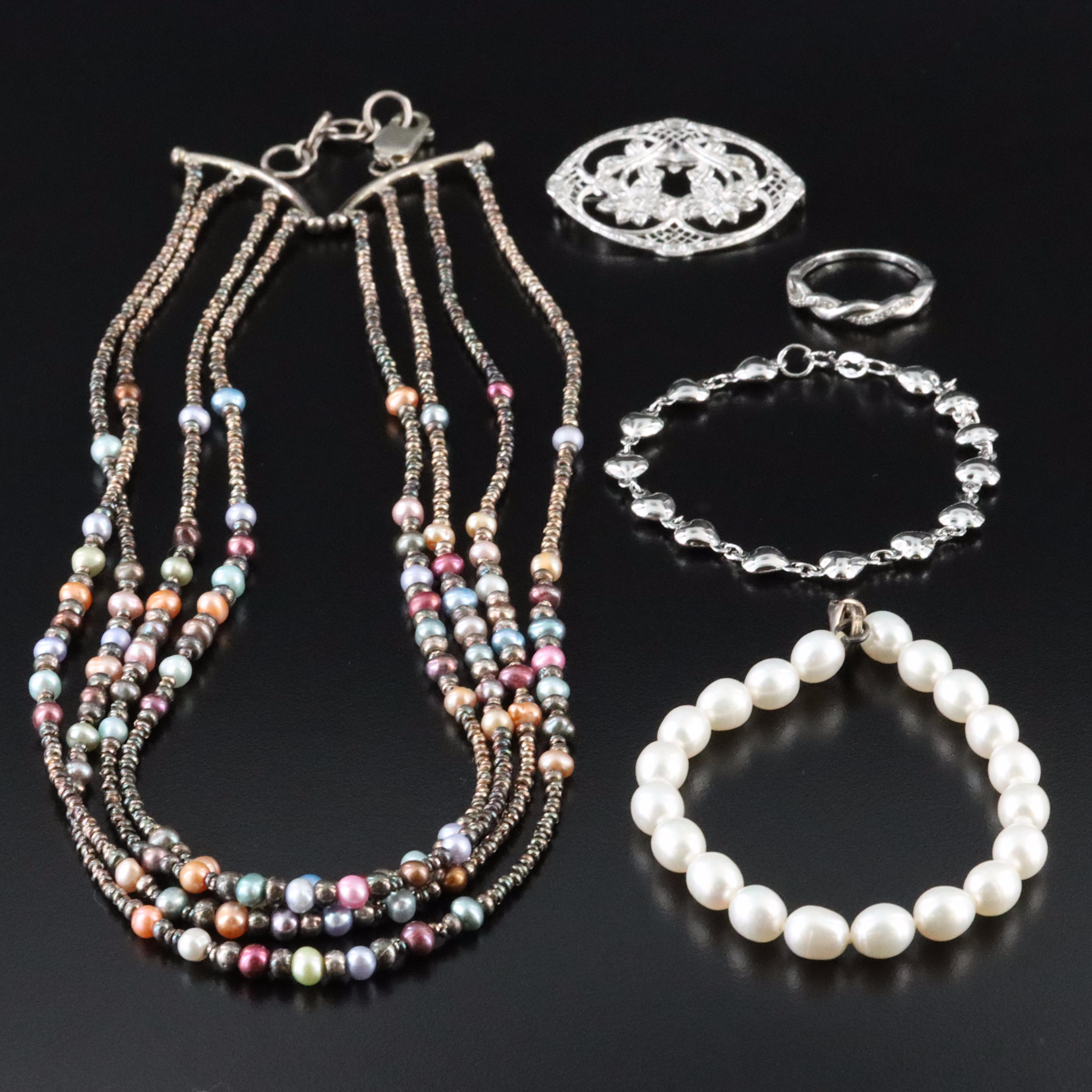 Sterling and Gemstone Jewelry Assortment with Pearls, Marcasite and Diamond