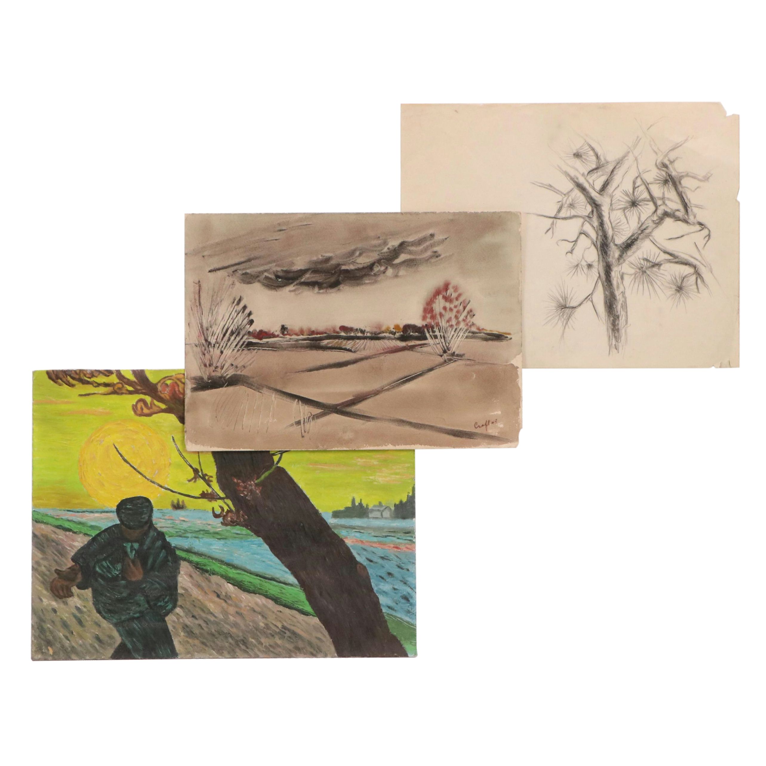 Lot of Three Tree-Themed Drawings and Paintings, 20th Century