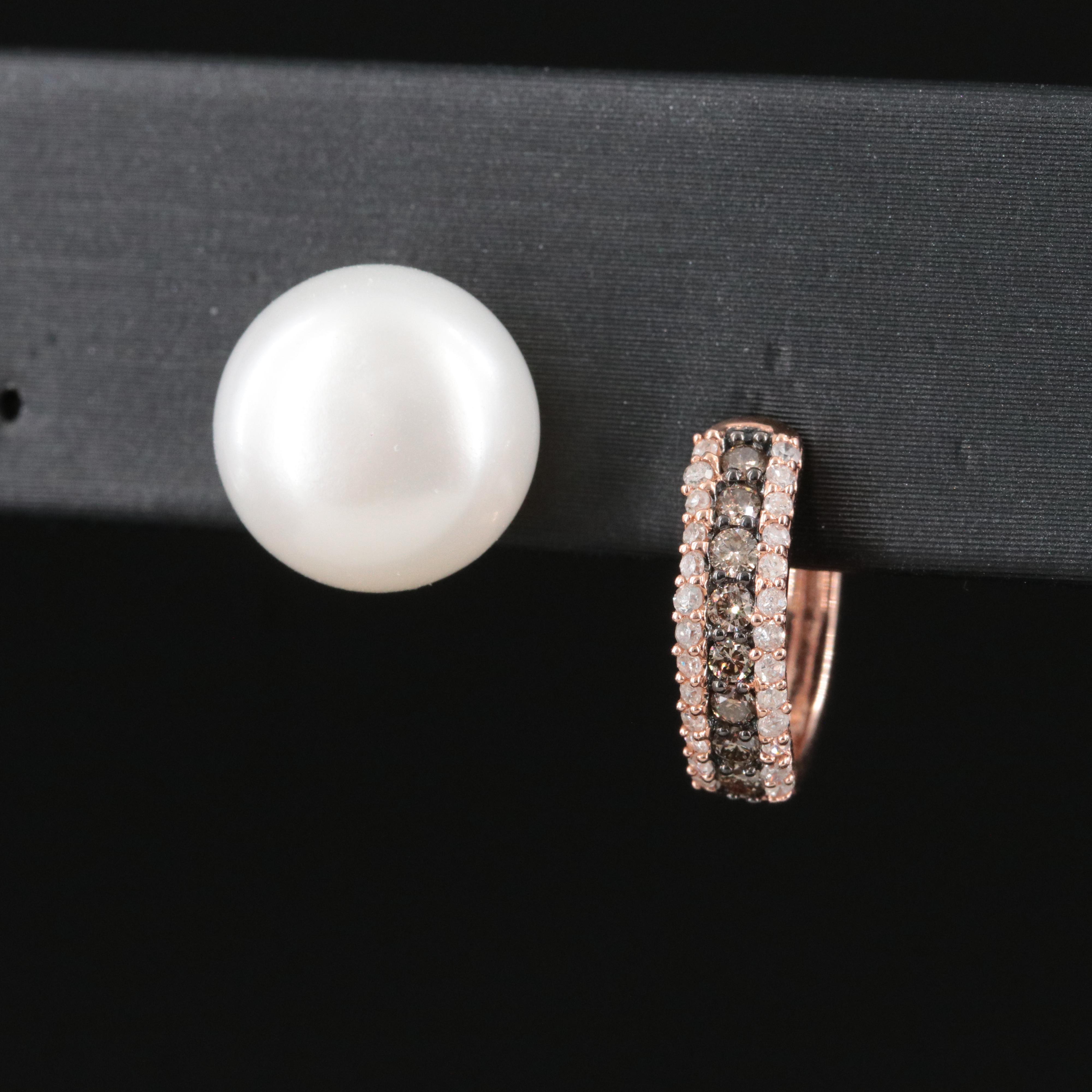 Single 14K Pearl Stud and 10K Rose Gold Diamond Hoop Earring with Fancy Diamonds