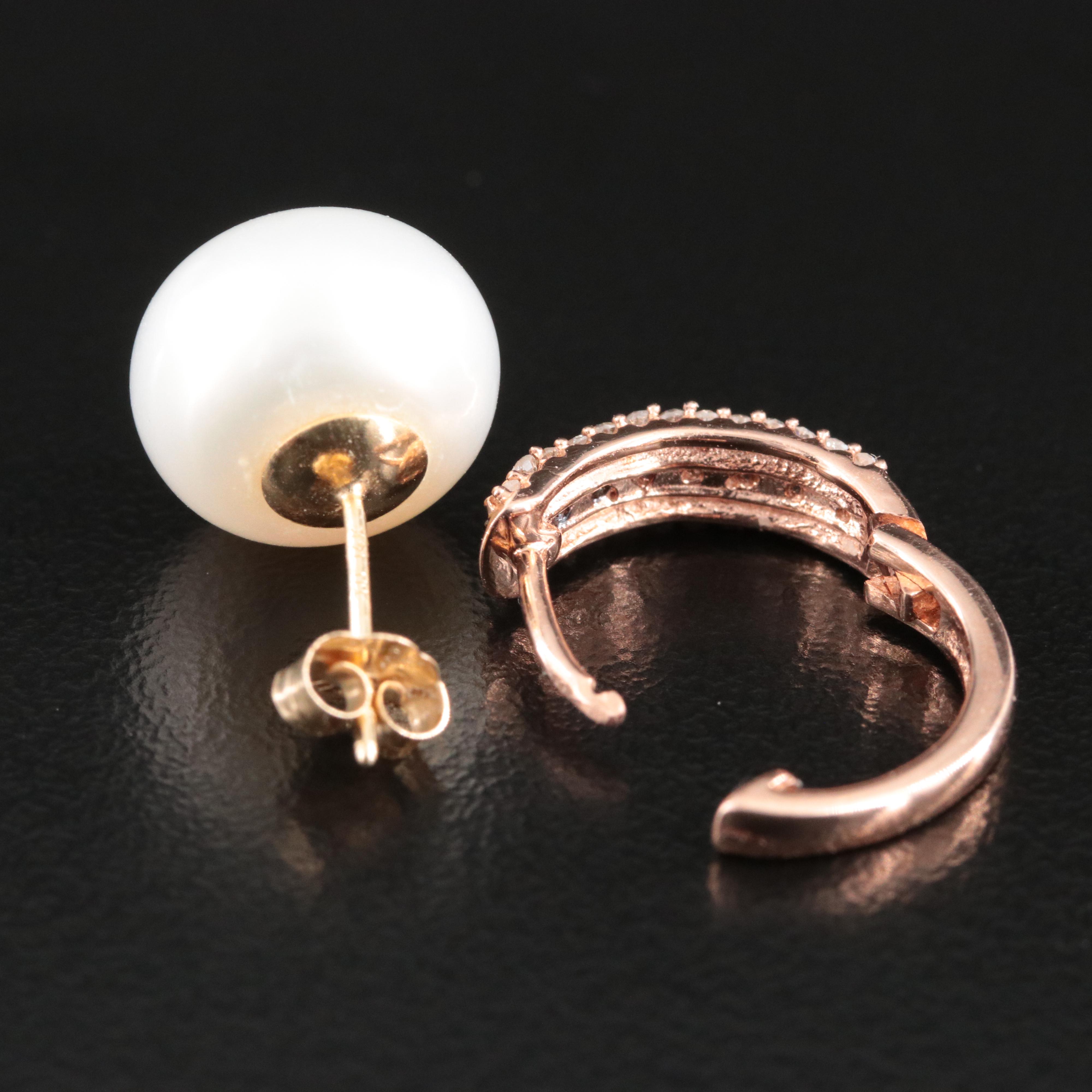 Single 14K Pearl Stud and 10K Rose Gold Diamond Hoop Earring with Fancy Diamonds