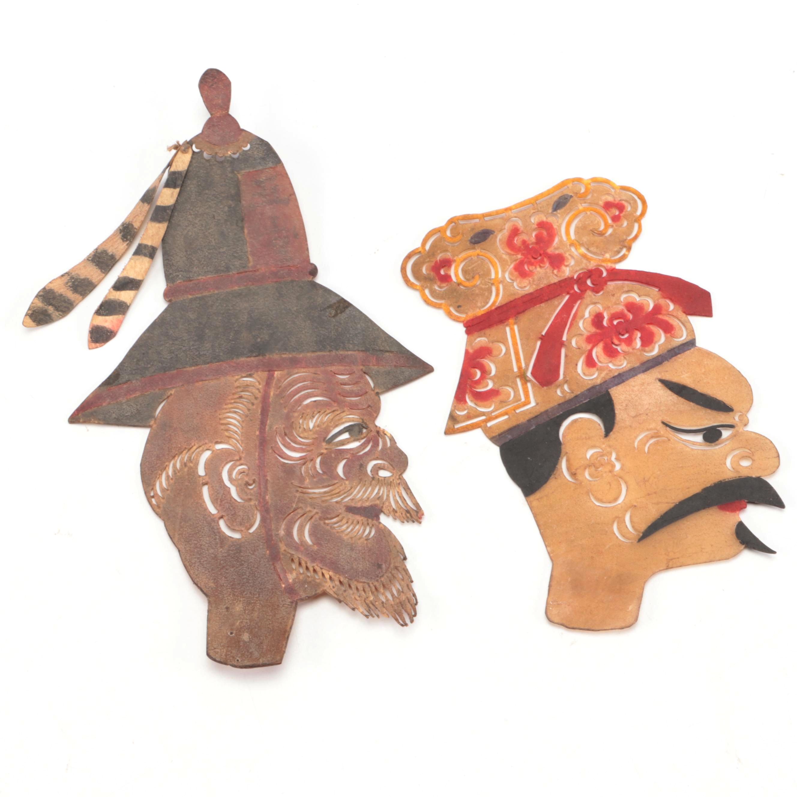Chinese Male Painted Vellum Shadow Puppet Heads, Circa 1870