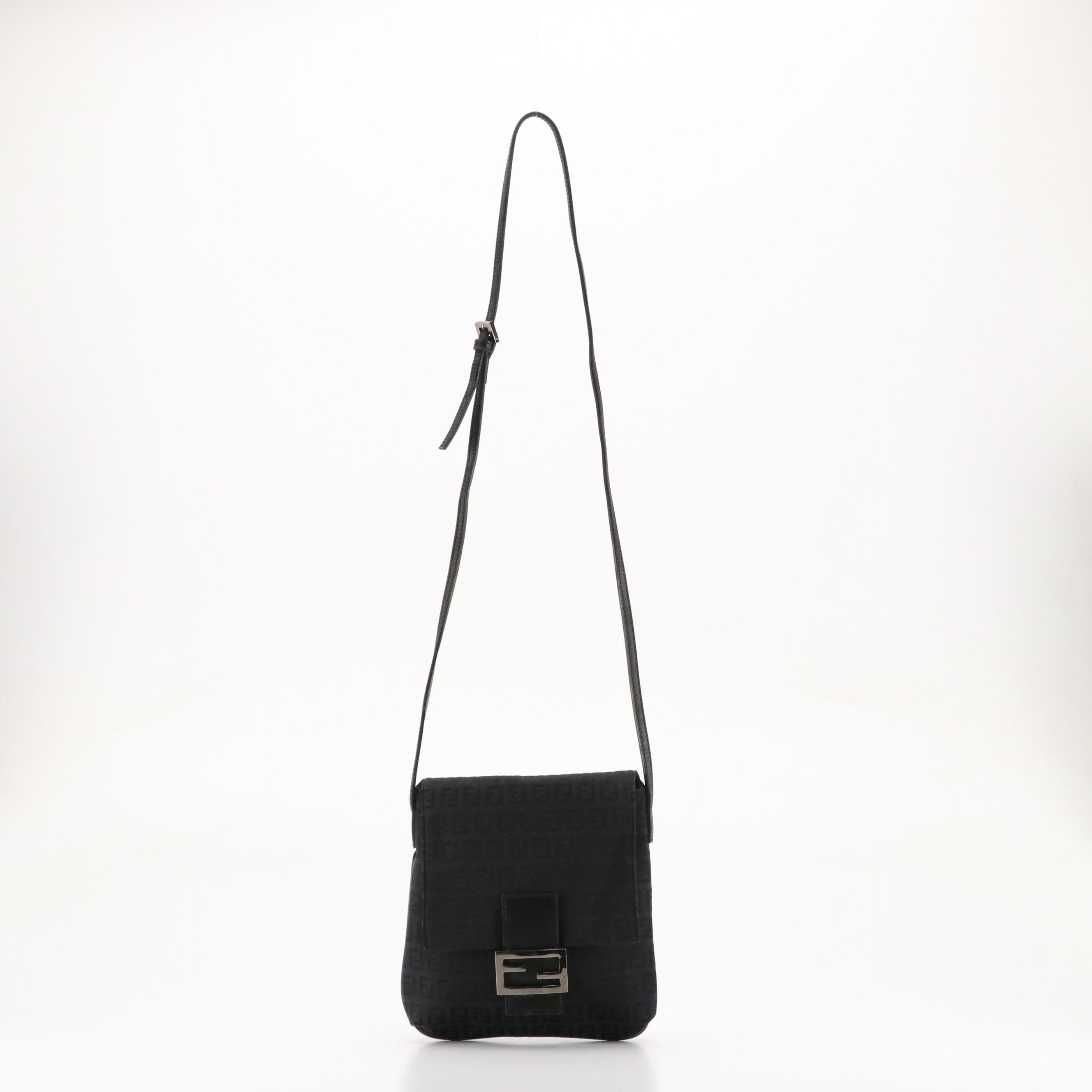 Fendi Flat Crossbody Messenger Bag in Black Zucchino Canvas and Leather Trim