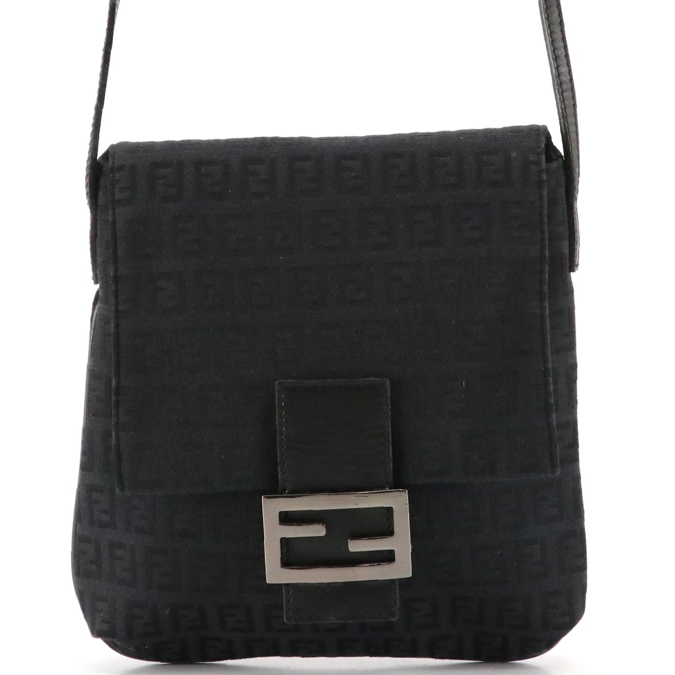 Fendi Flat Crossbody Messenger Bag in Black Zucchino Canvas and Leather Trim