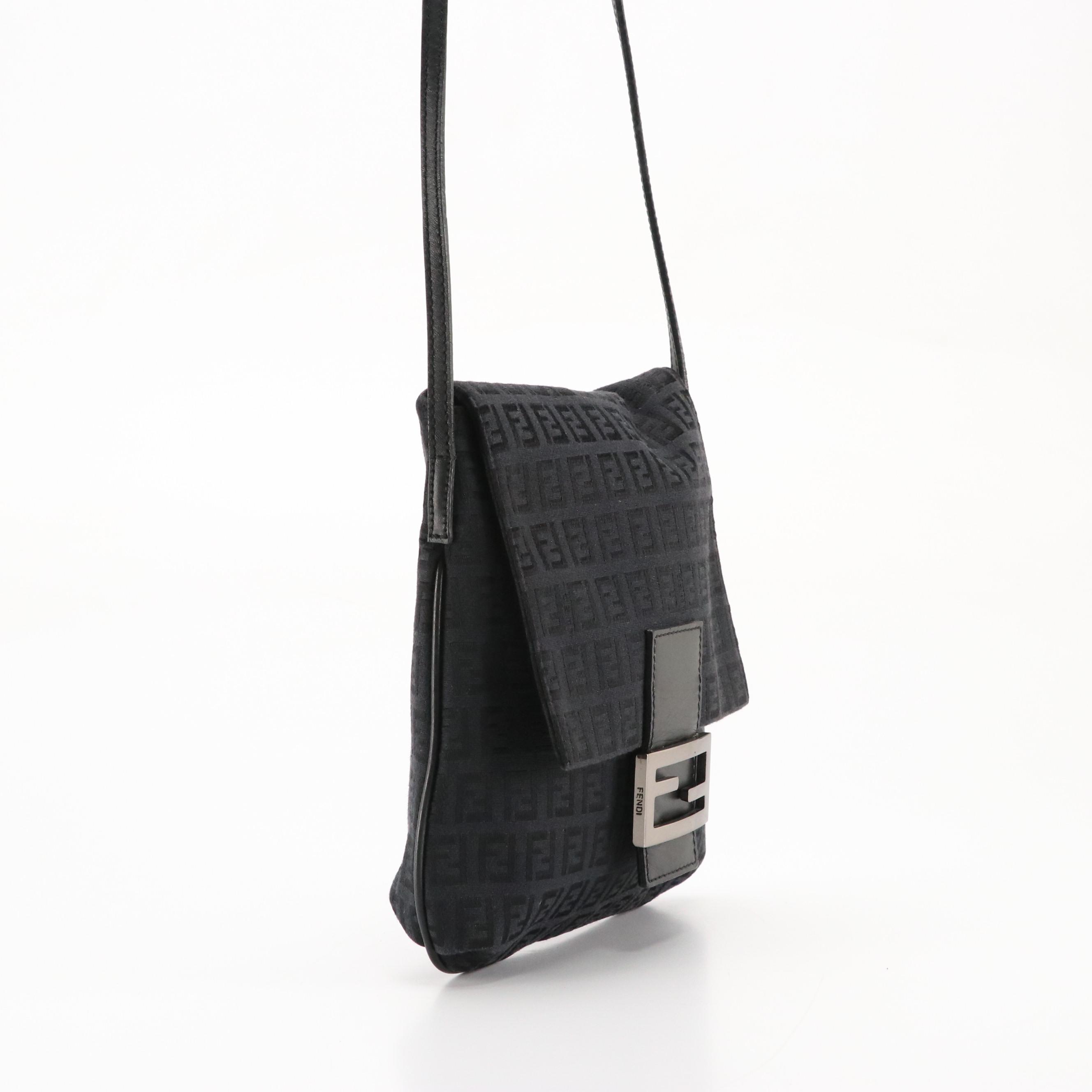 Fendi Flat Crossbody Messenger Bag in Black Zucchino Canvas and Leather Trim
