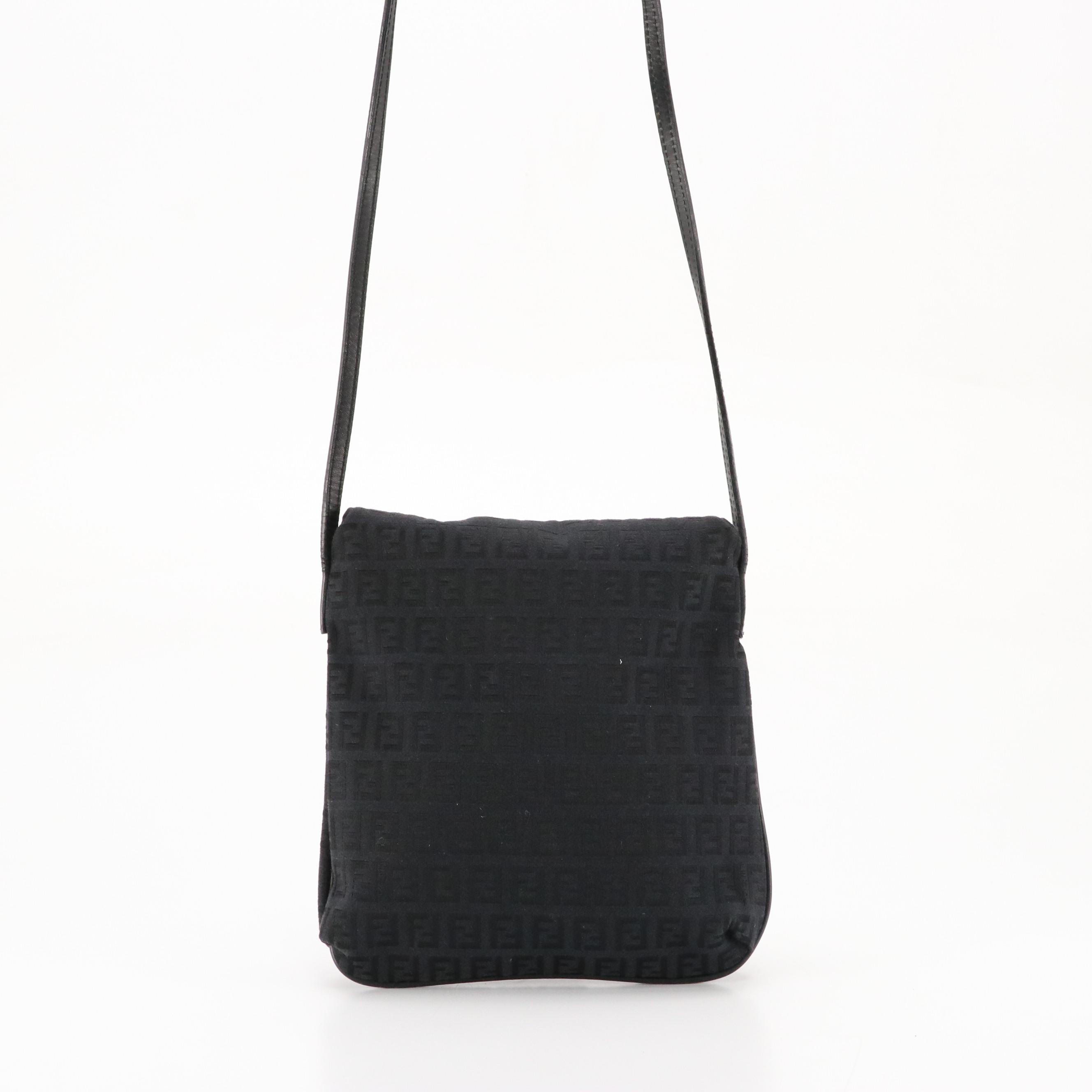 Fendi Flat Crossbody Messenger Bag in Black Zucchino Canvas and Leather Trim