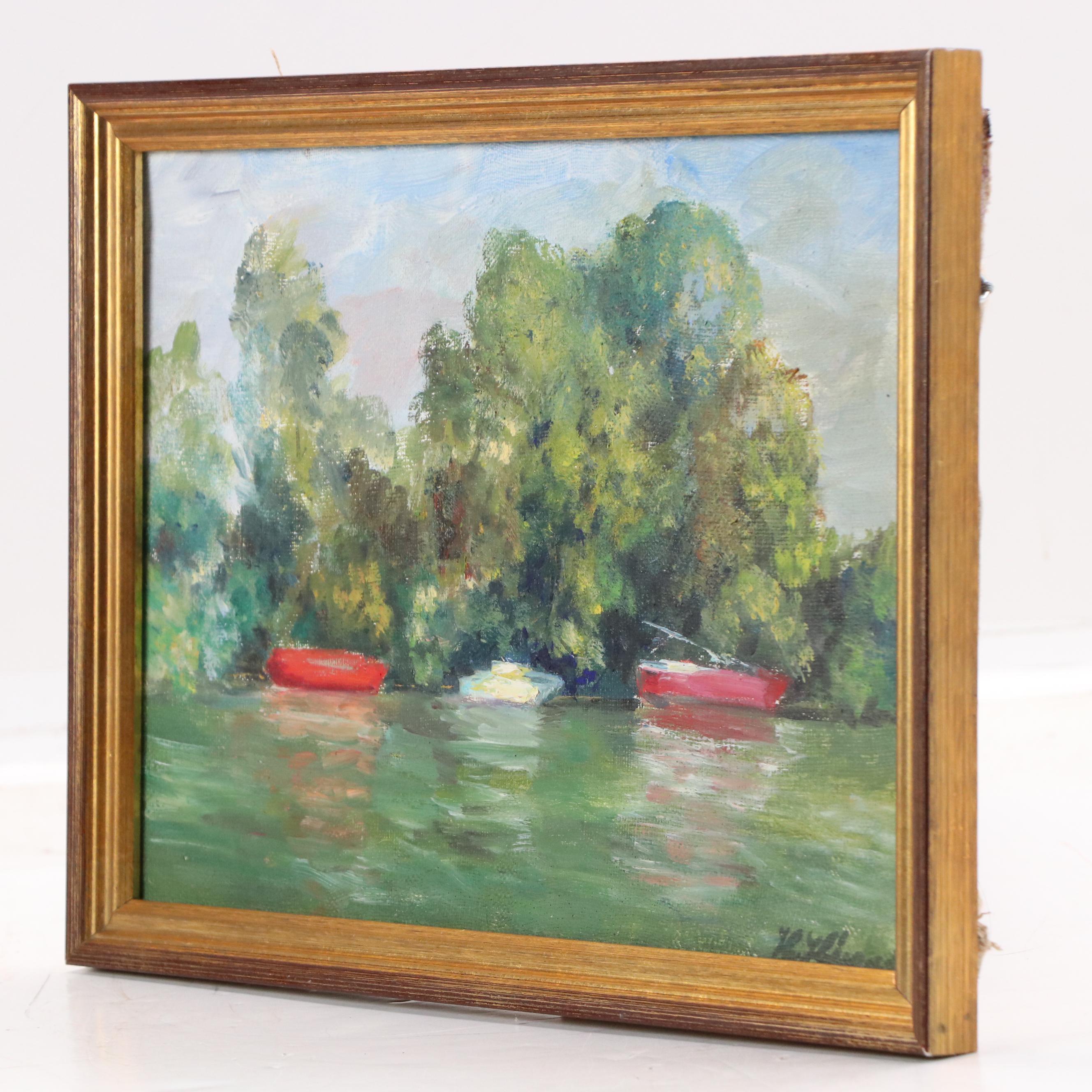 H. Heraud Impressionist Style Oil Painting "Des Bords de Seine"