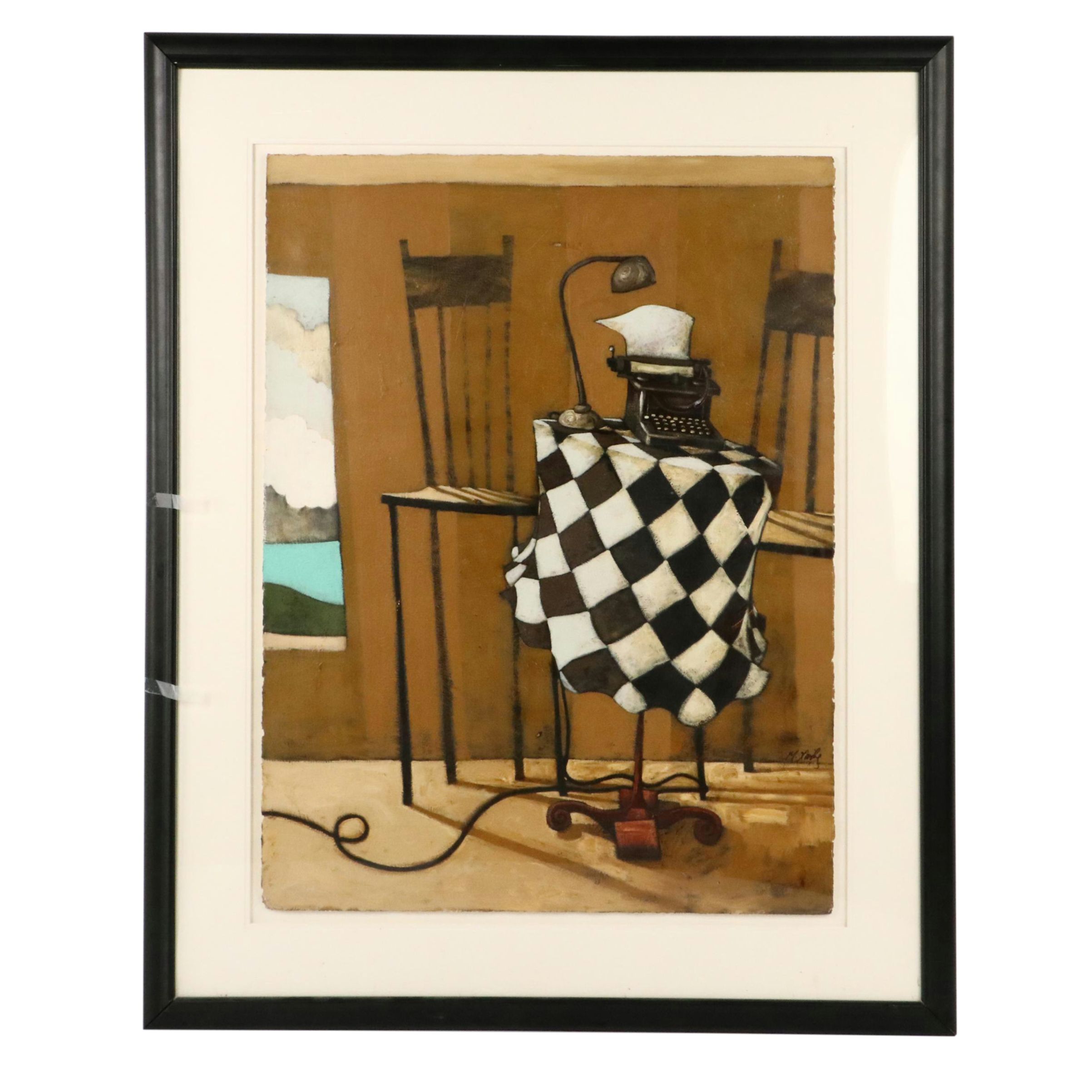 Matt Lively Interior Scene Acrylic Painting with Typewriter, Late 20th - 21st C.