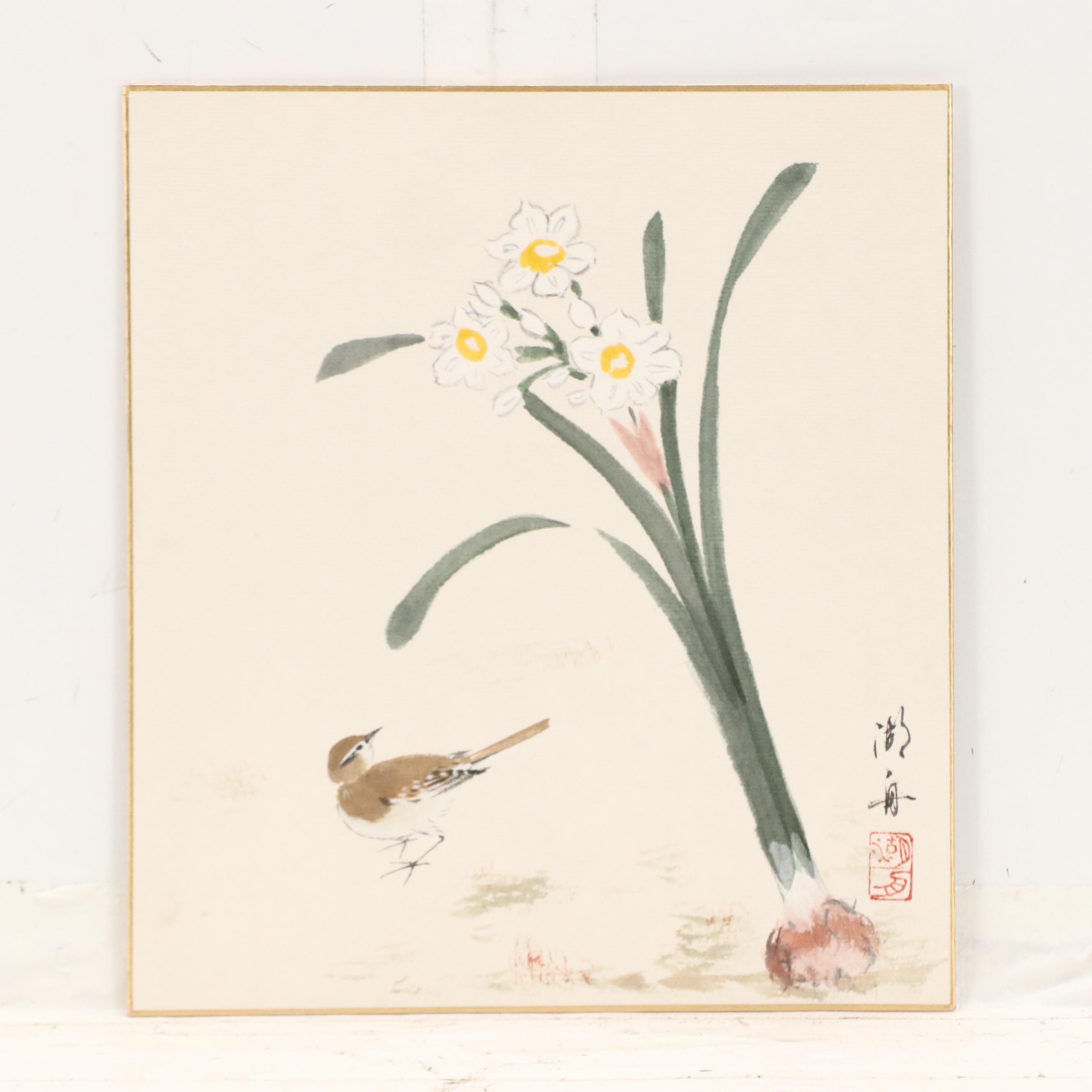 East Asian Watercolor Paintings of Seasonal Flowers, 20th or 21st Century