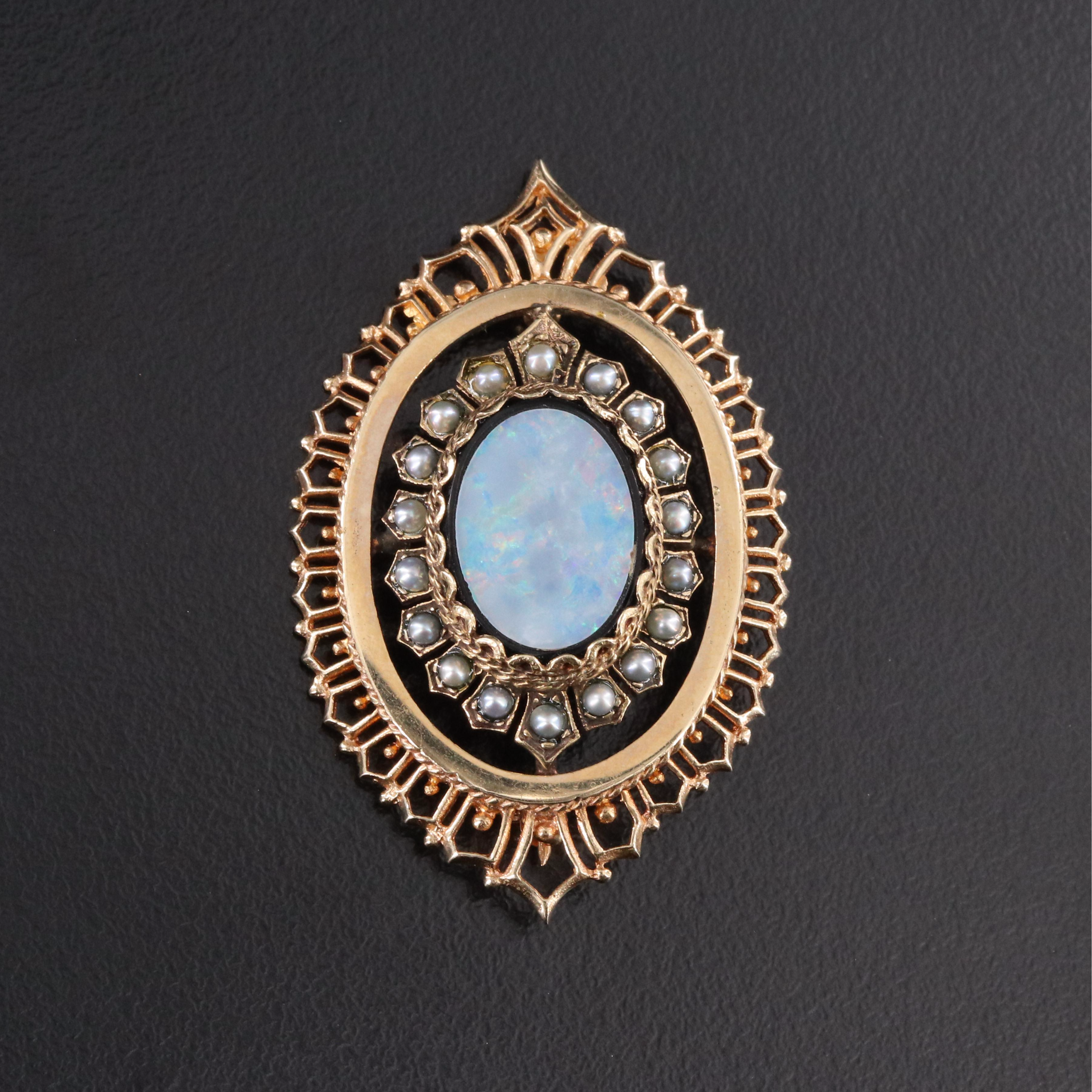 Vintage 14K Opal, Black Onyx and Seed Pearl Oval Brooch