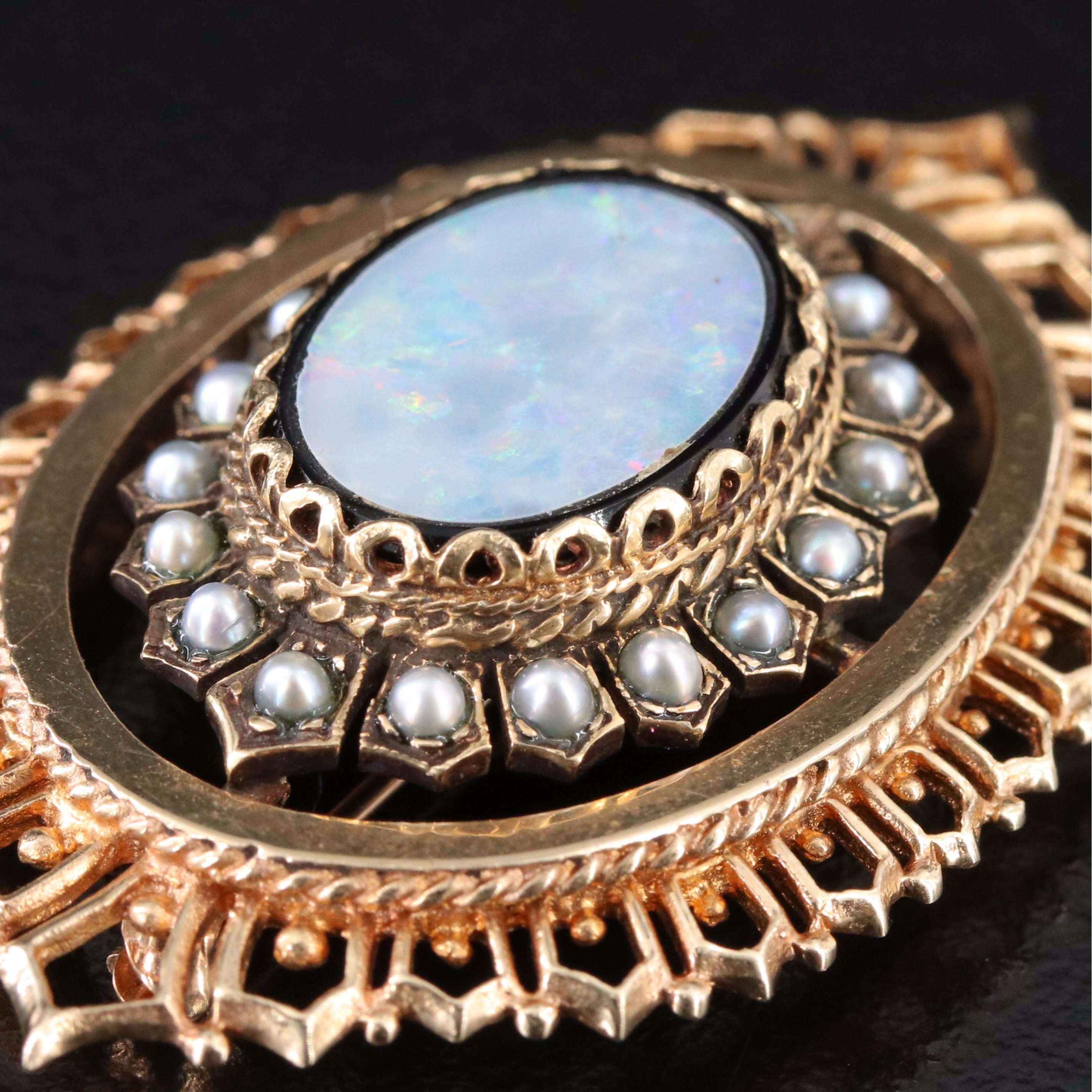 Vintage 14K Opal, Black Onyx and Seed Pearl Oval Brooch