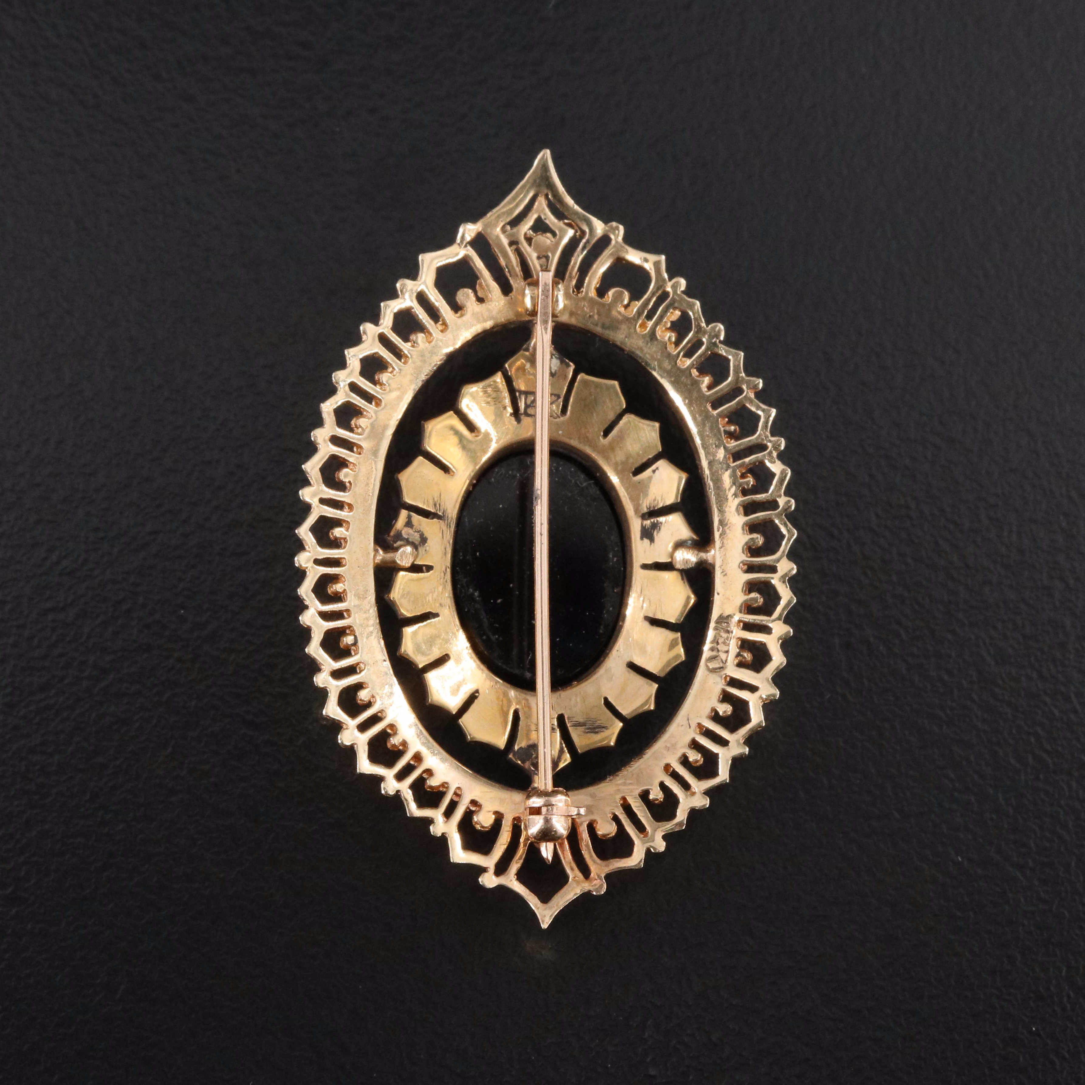 Vintage 14K Opal, Black Onyx and Seed Pearl Oval Brooch
