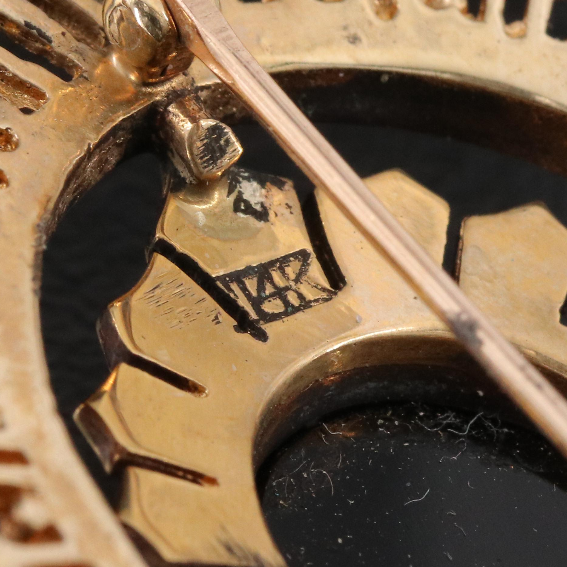 Vintage 14K Opal, Black Onyx and Seed Pearl Oval Brooch