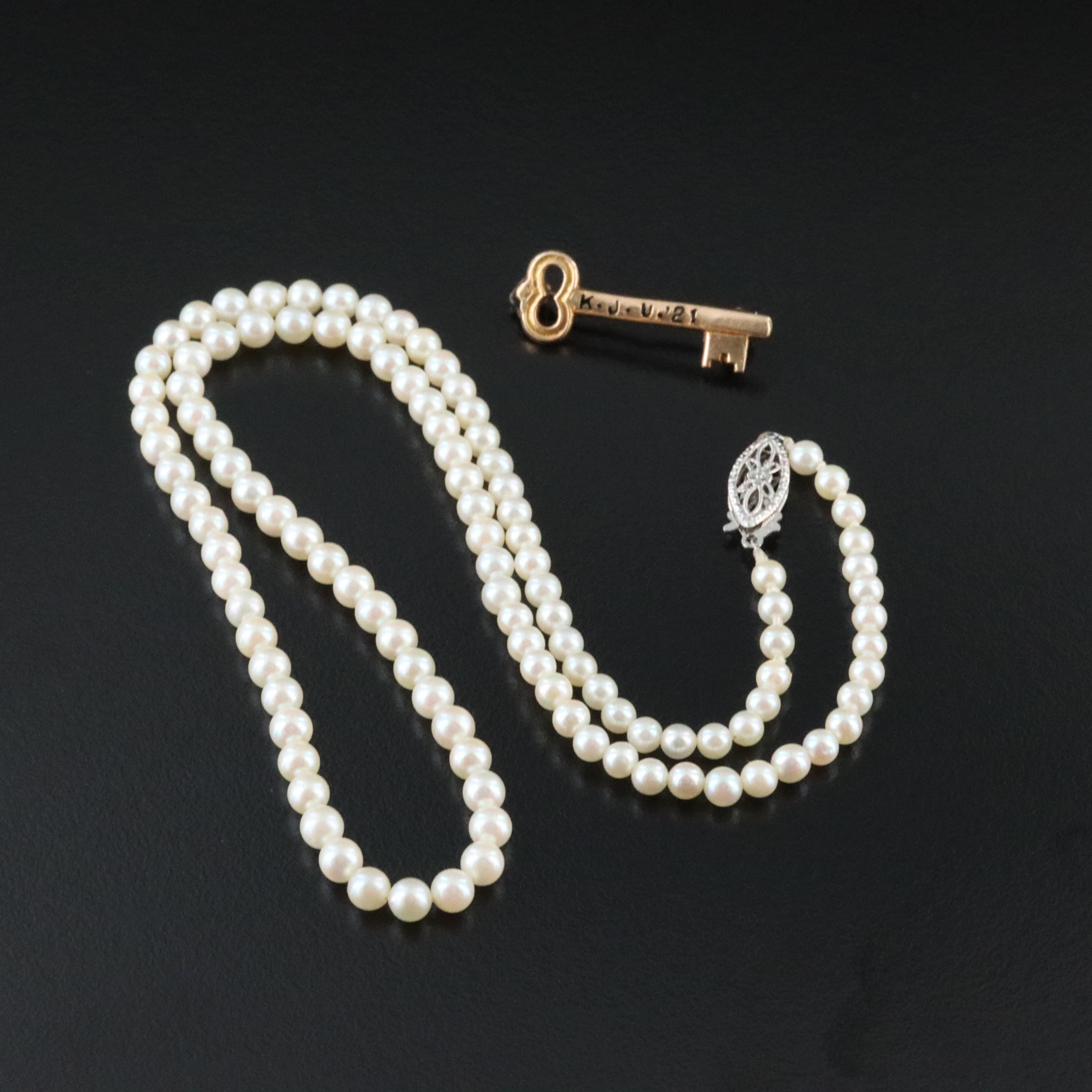 Cultured Pearl Necklace and 14K Key Pin
