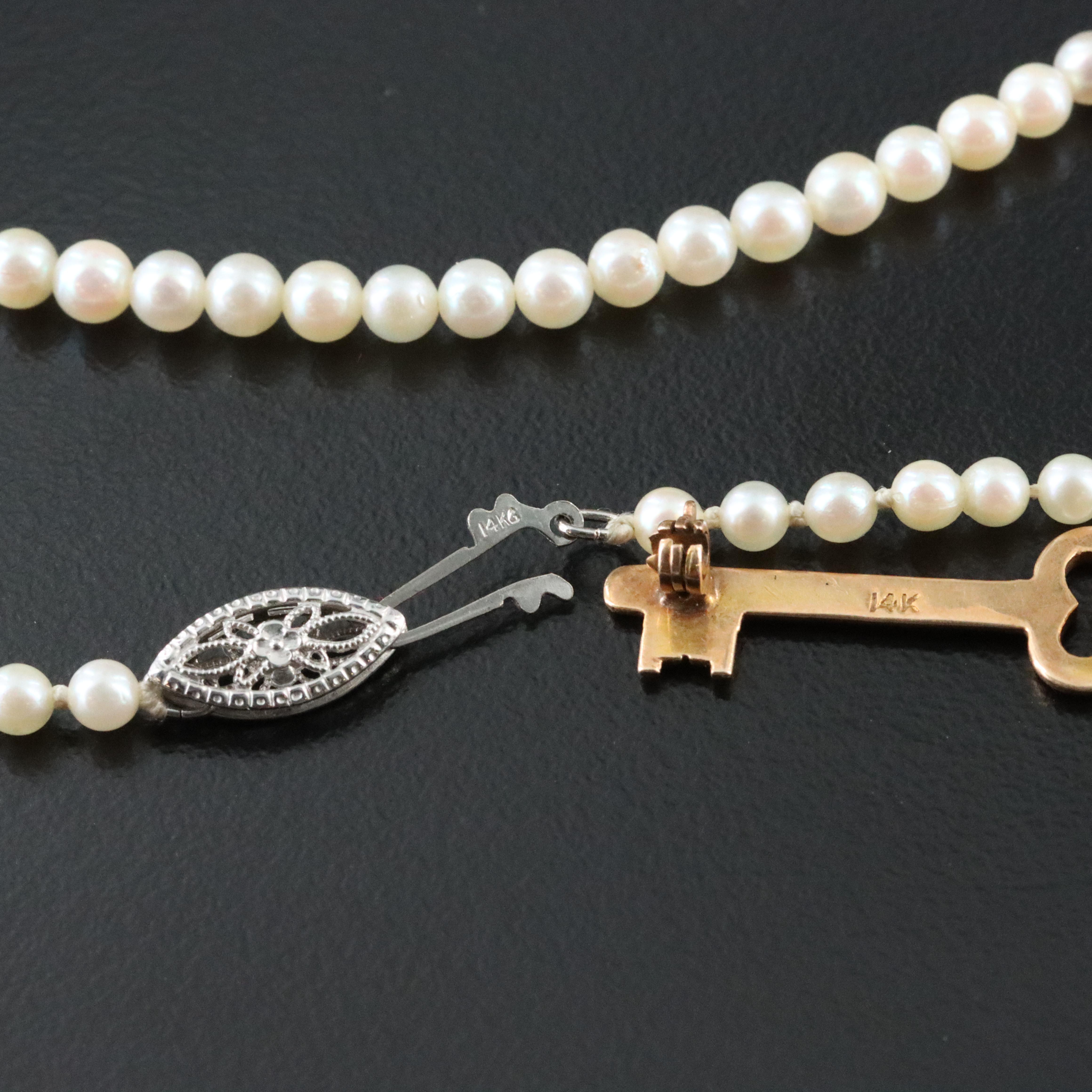 Cultured Pearl Necklace and 14K Key Pin