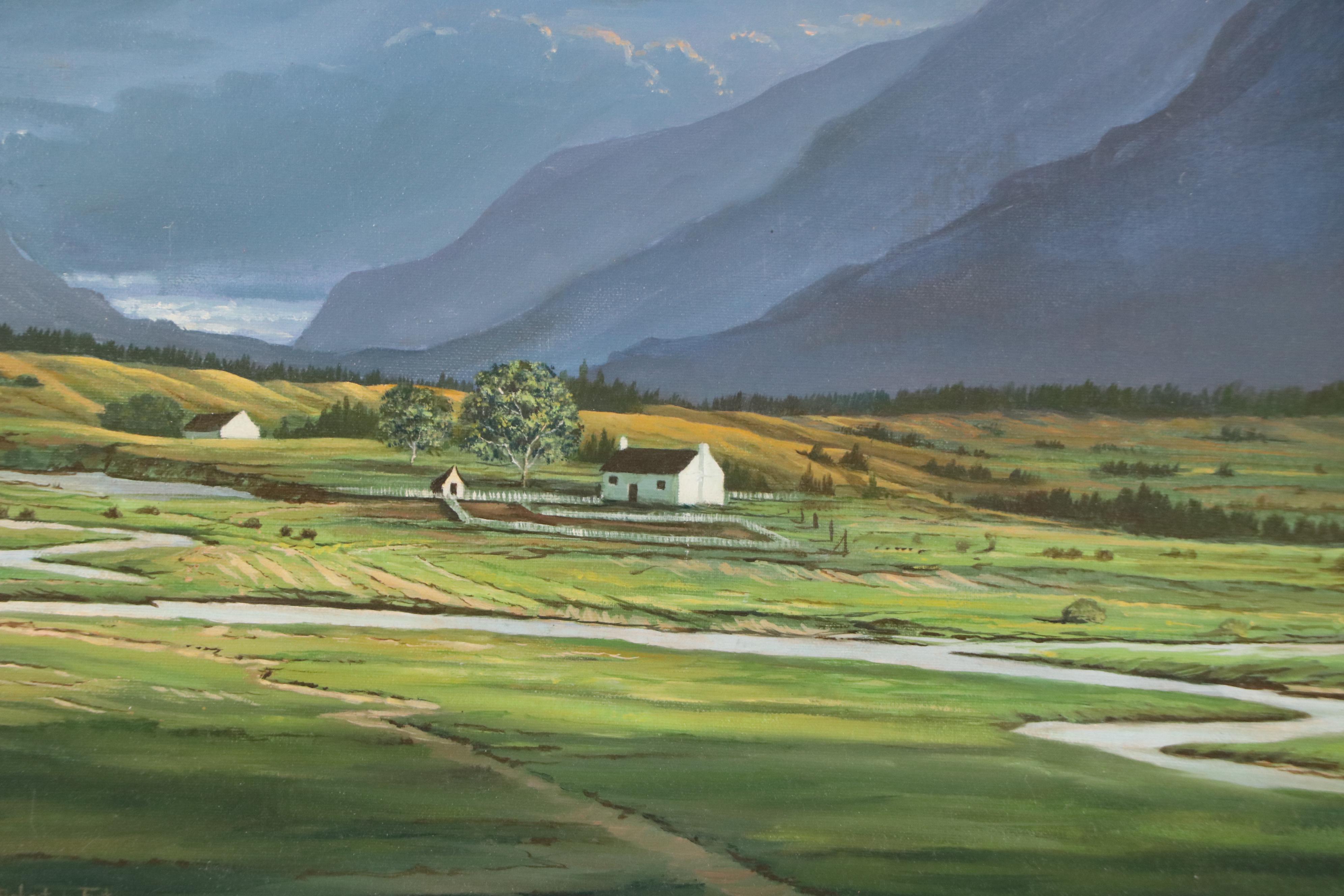 Robert L. Foster Landscape Oil Painting with Farmland and Mountains, 1978