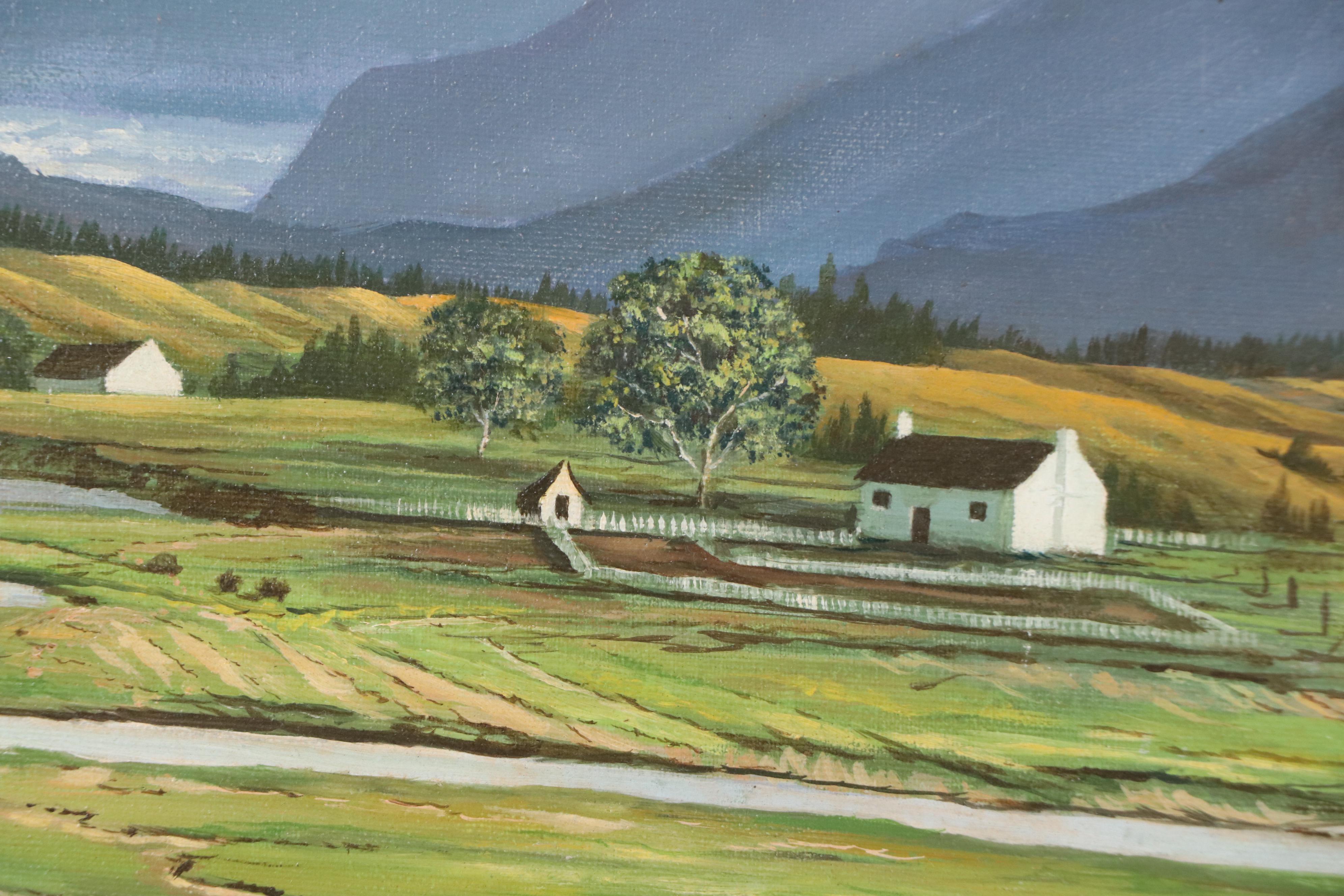 Robert L. Foster Landscape Oil Painting with Farmland and Mountains, 1978