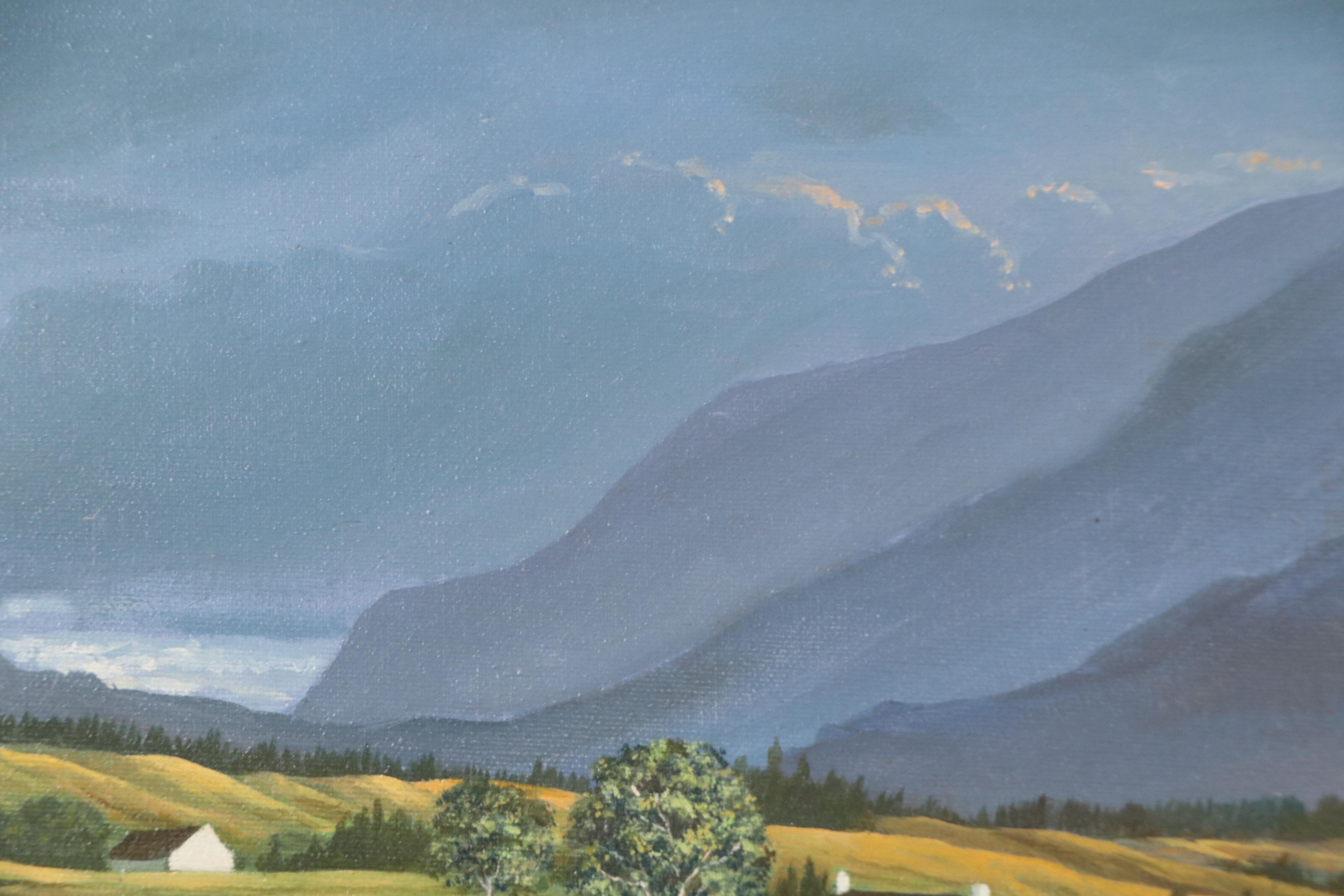 Robert L. Foster Landscape Oil Painting with Farmland and Mountains, 1978