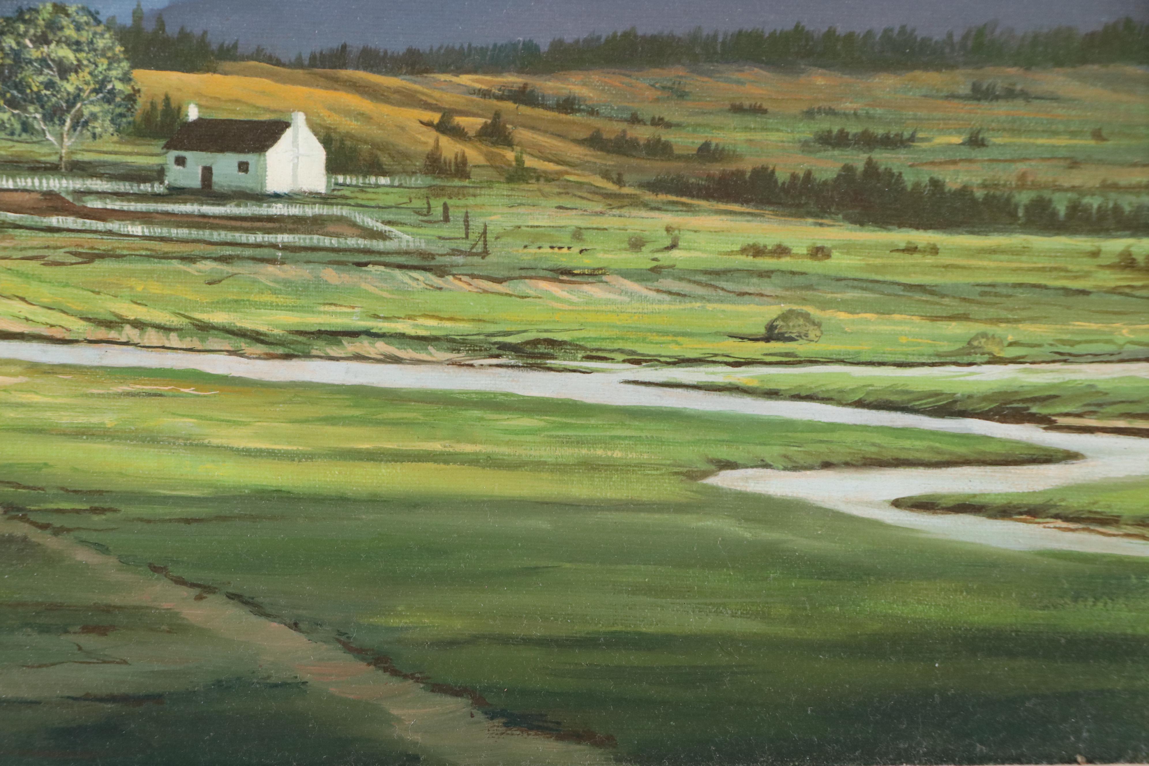 Robert L. Foster Landscape Oil Painting with Farmland and Mountains, 1978