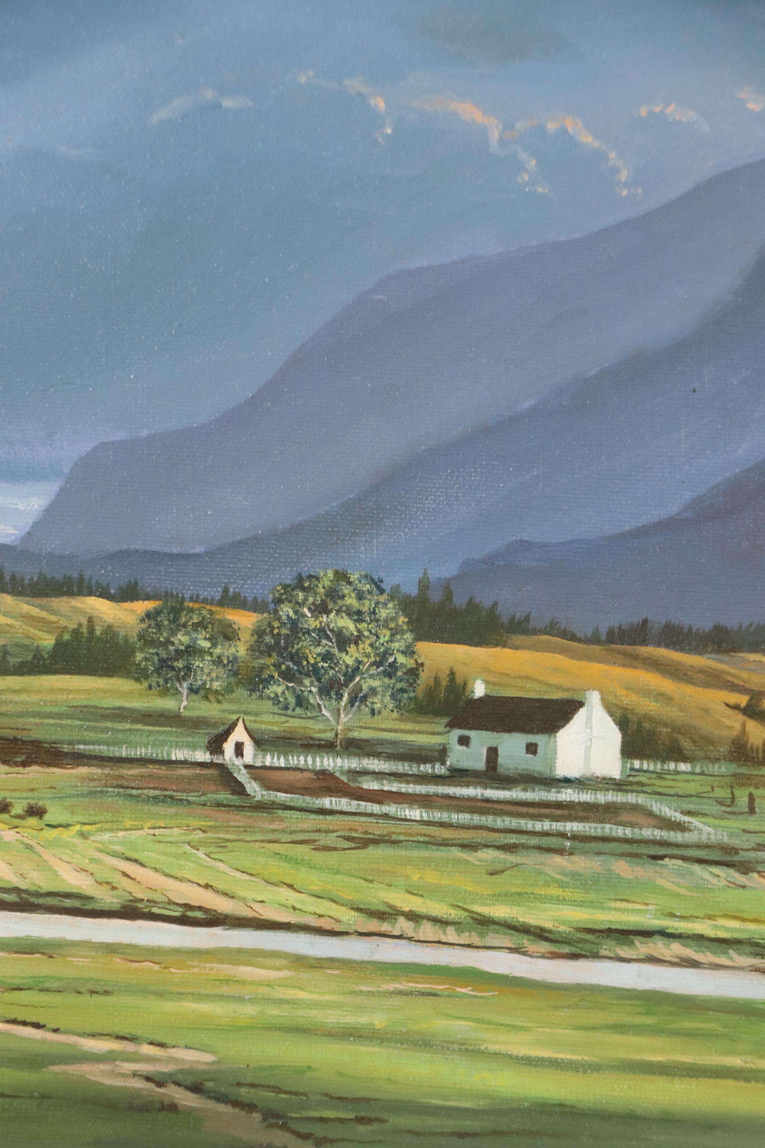 Robert L. Foster Landscape Oil Painting with Farmland and Mountains, 1978