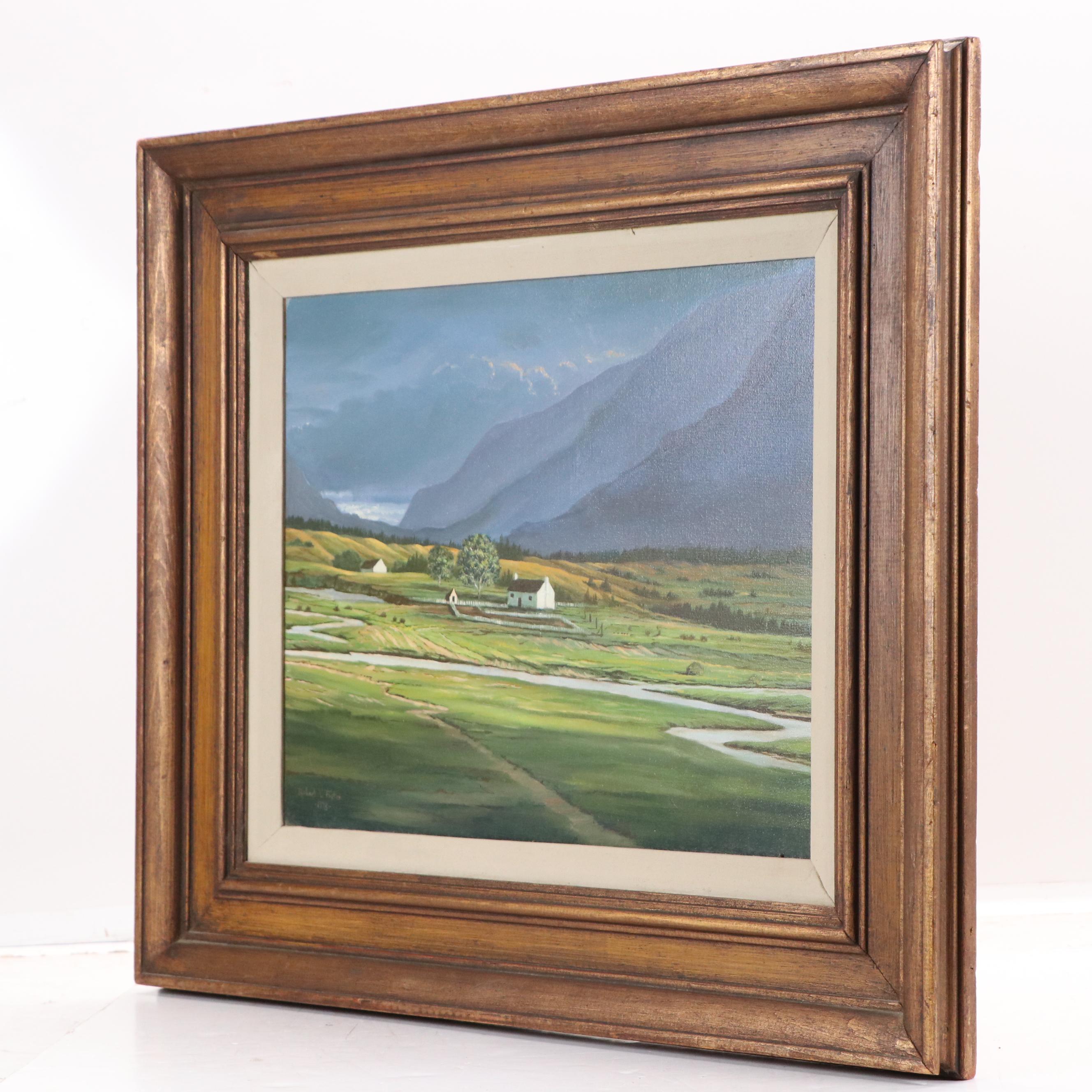 Robert L. Foster Landscape Oil Painting with Farmland and Mountains, 1978