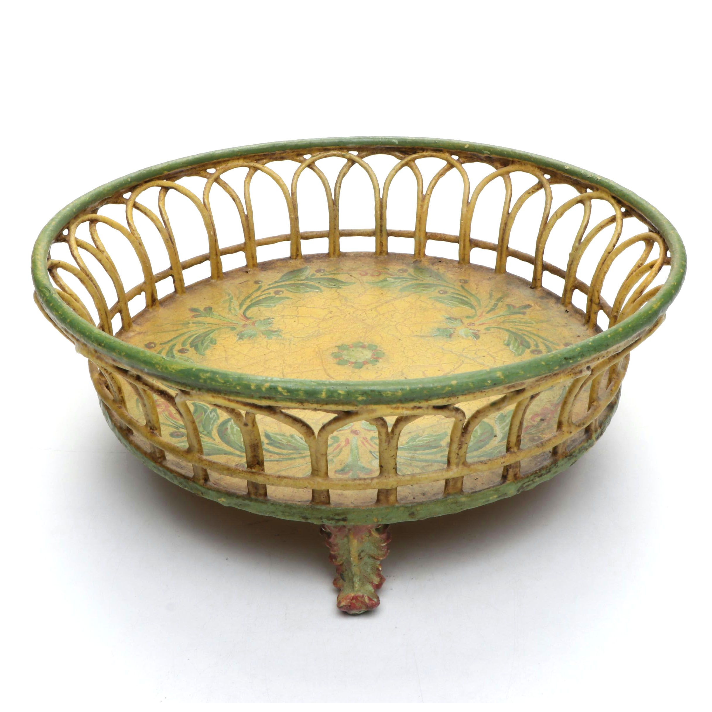 Hand-Painted Cast Plaster Footed Fruit Basket