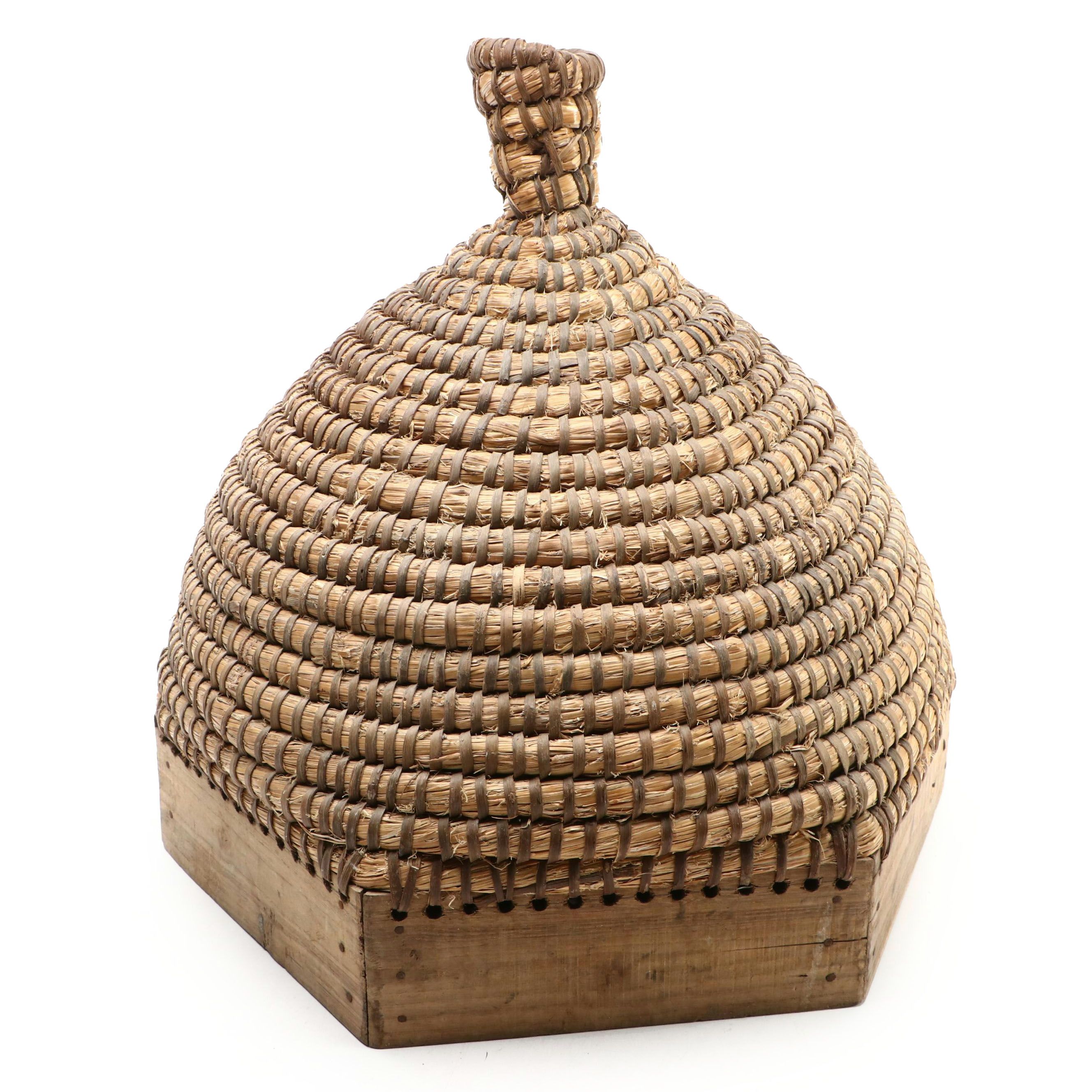 Handwoven Grass and Split Wood Bee Skep, 19th Century