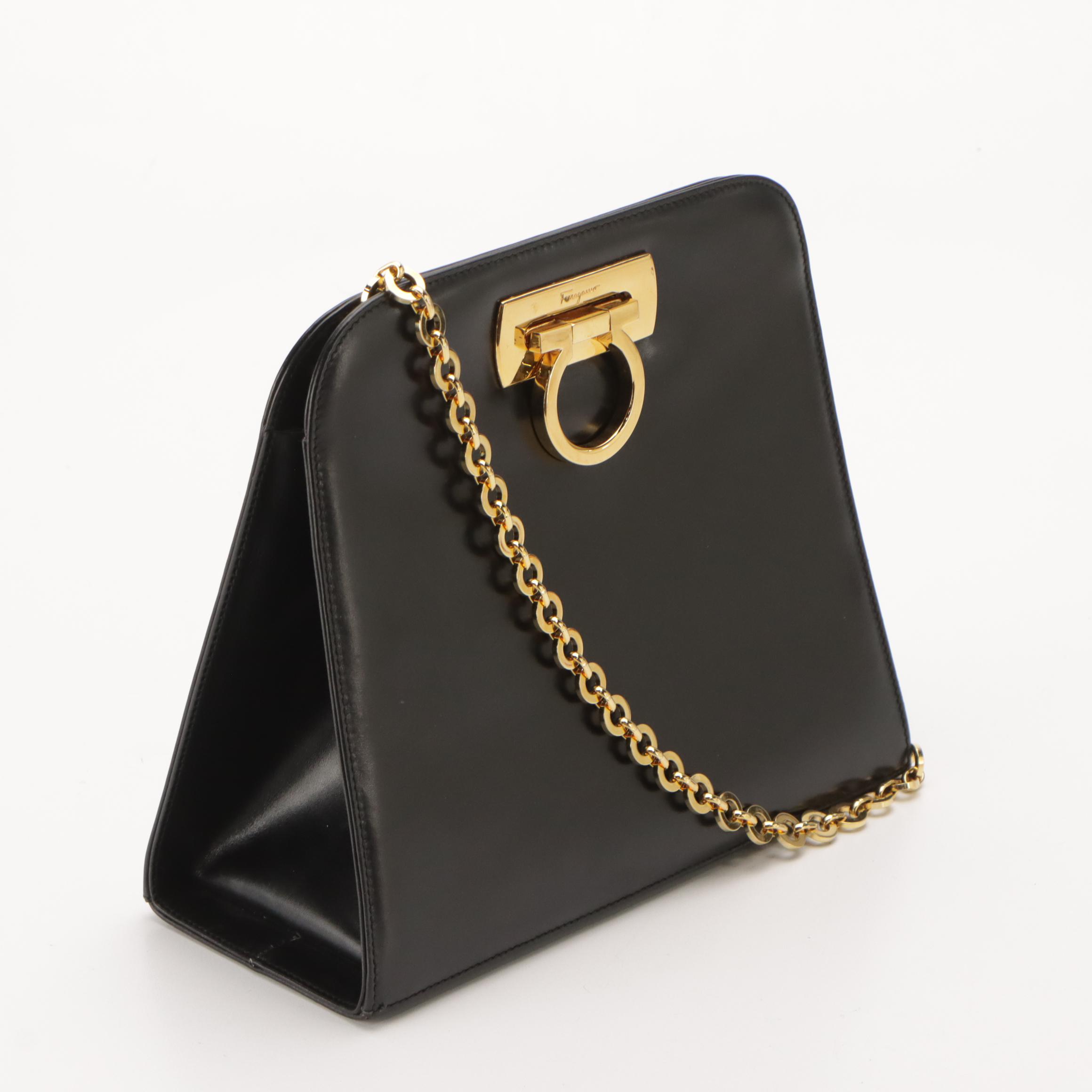 Salvatore Ferragamo Gancini Closure Chain Link Crossbody Bag in Black Leather