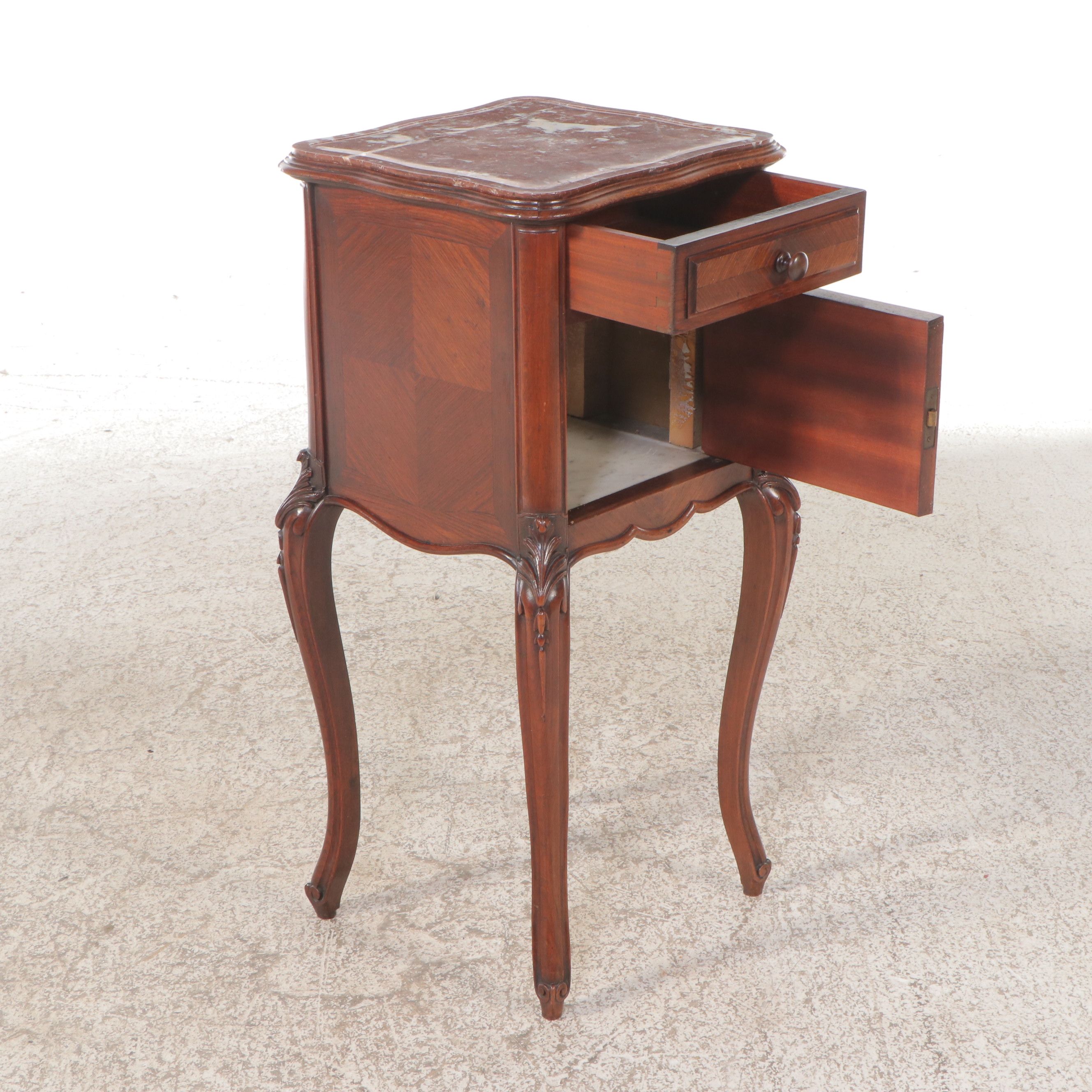 Louis XV Style Wood and Marble Top Cabinet Side Table, Early to Mid-20th Century