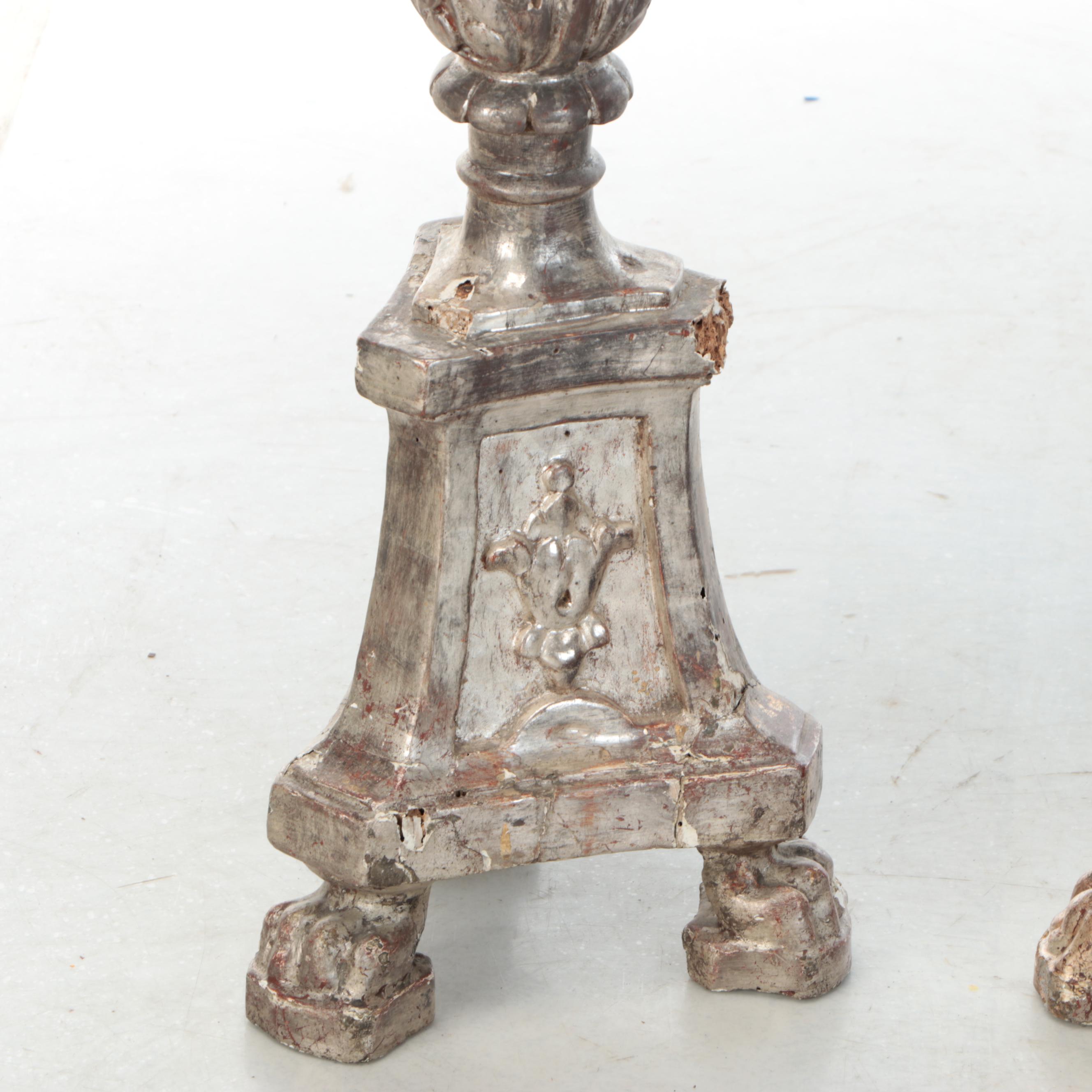 Neoclassical Style Distressed Wooden Floor Candle Holder Pair