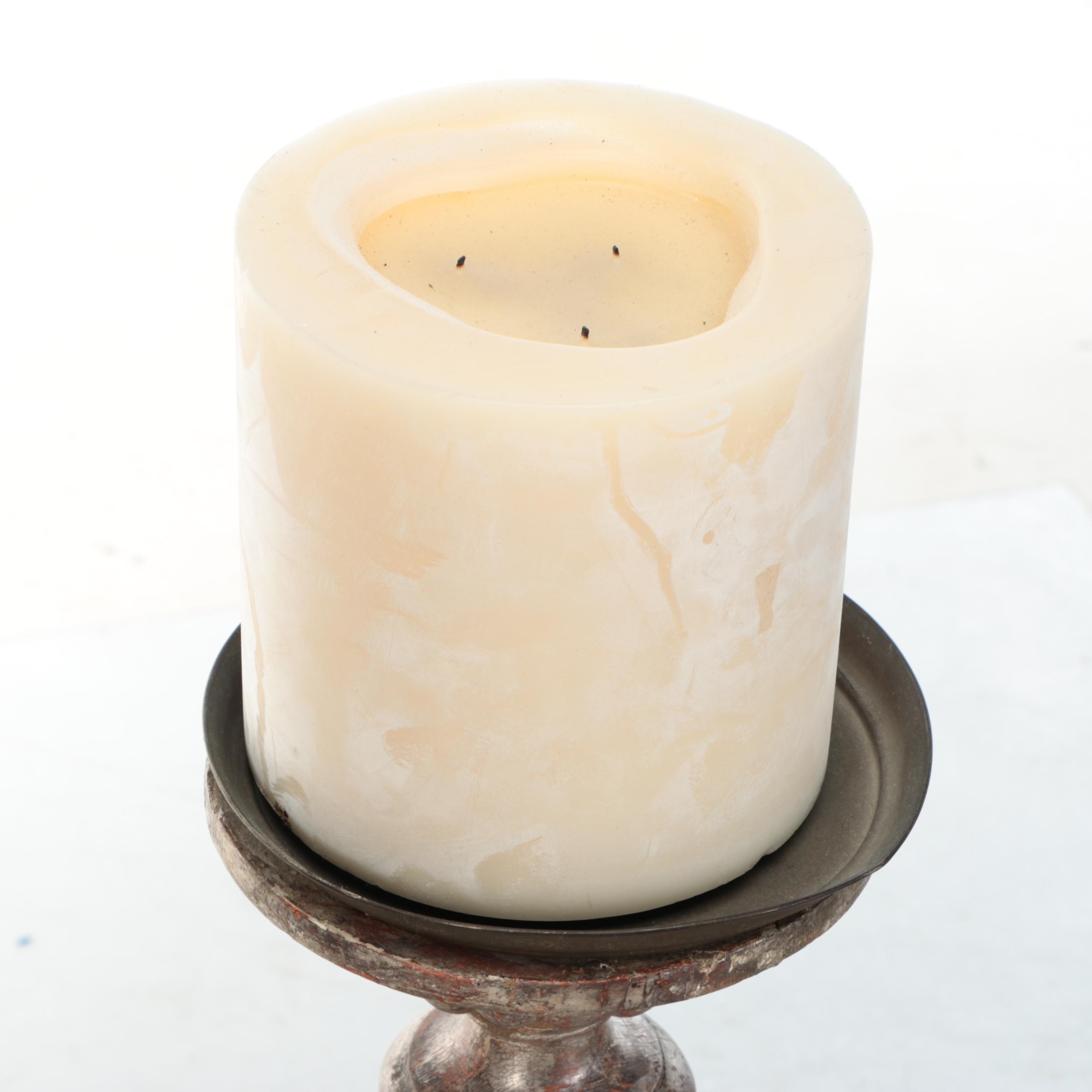 Neoclassical Style Distressed Wooden Floor Candle Holder Pair