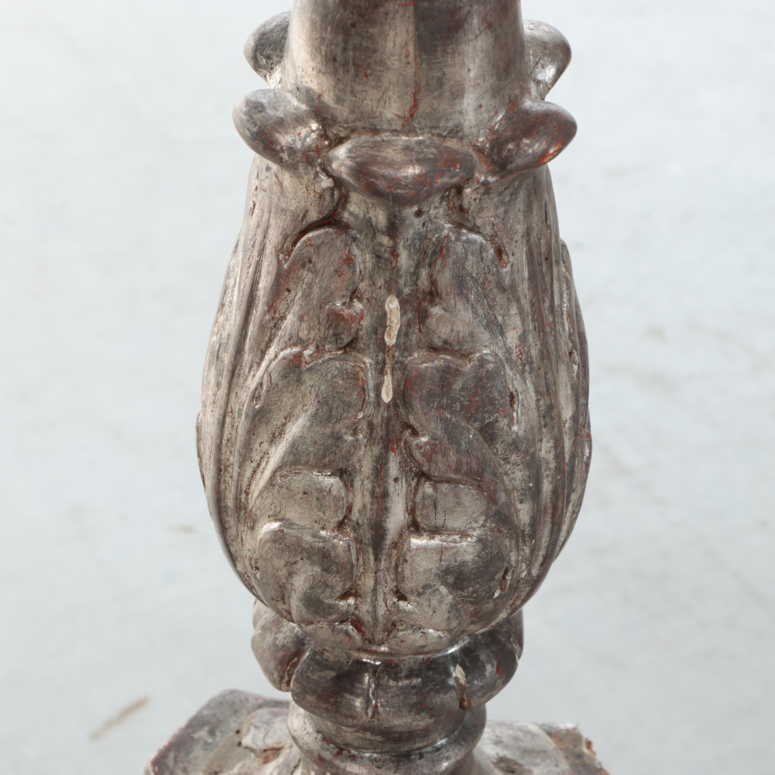 Neoclassical Style Distressed Wooden Floor Candle Holder Pair