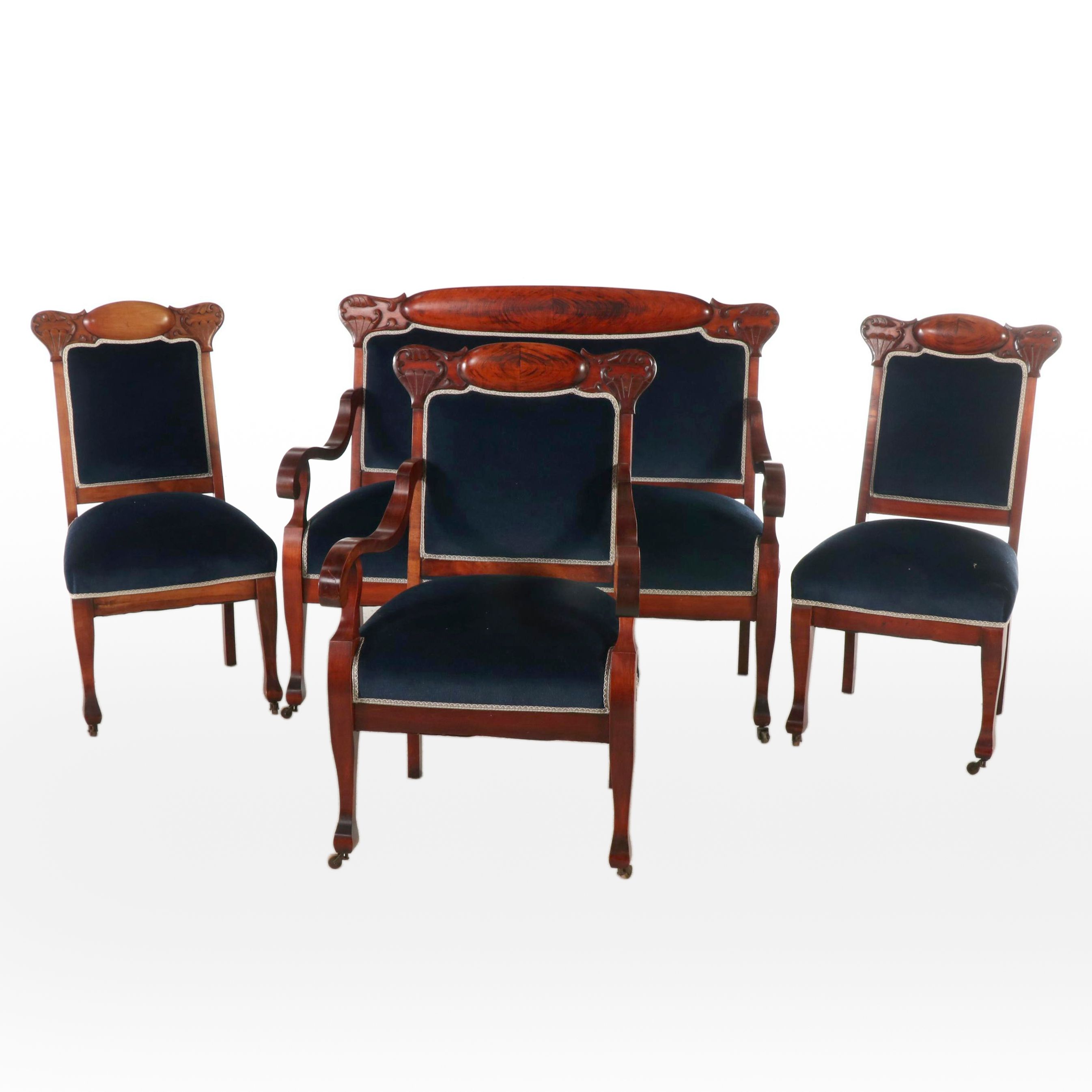 Empire Revival Mahogany Salon Suite with Settee and Three Chairs