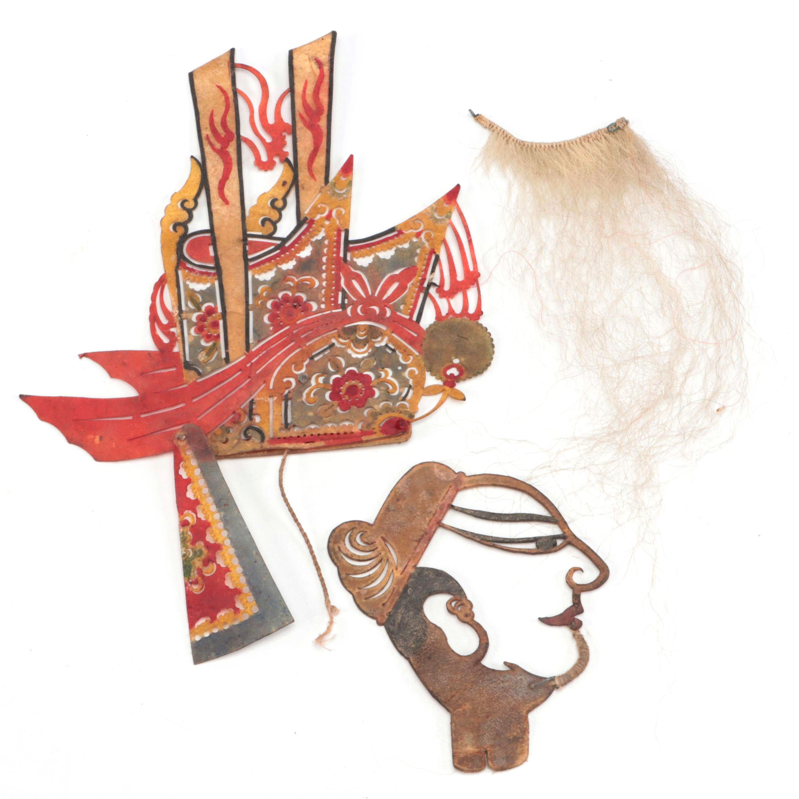 Chinese Crown with Male Head and Beard Vellum and Hair Shadow Puppet Accessories