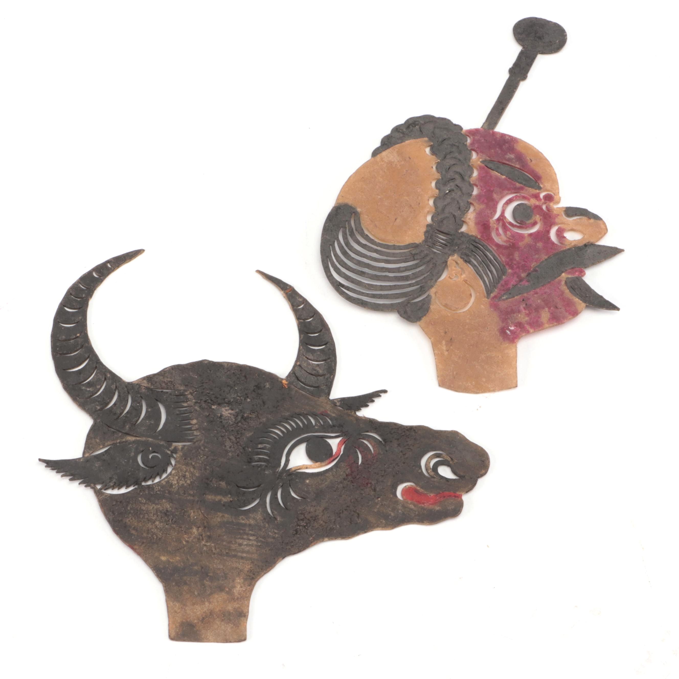 Chinese Bull and Wounded Man Painted Vellum Shadow Puppet Heads, Circa 1870