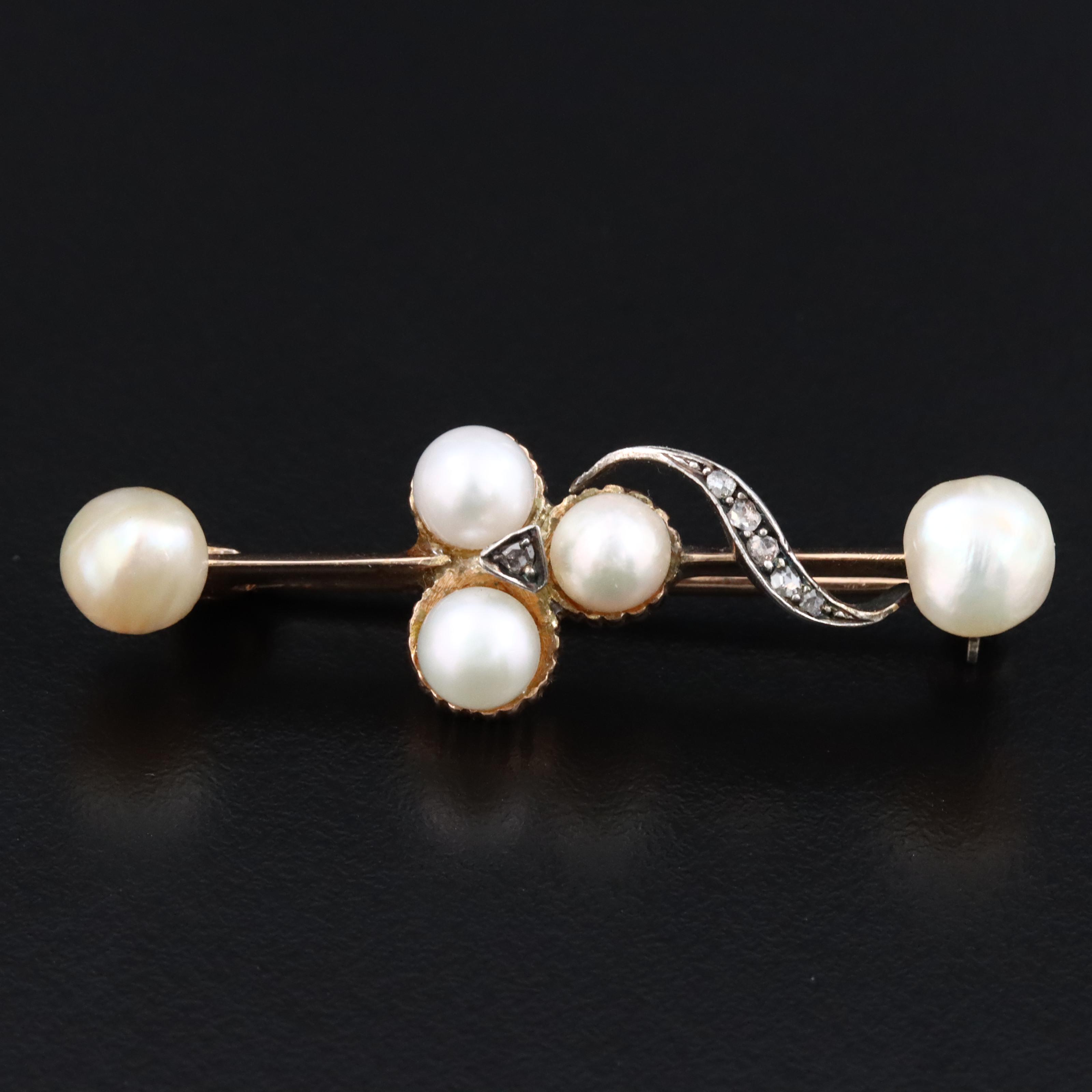 Antique 14K Pearl and Diamond Bar Brooch with Sterling Accent